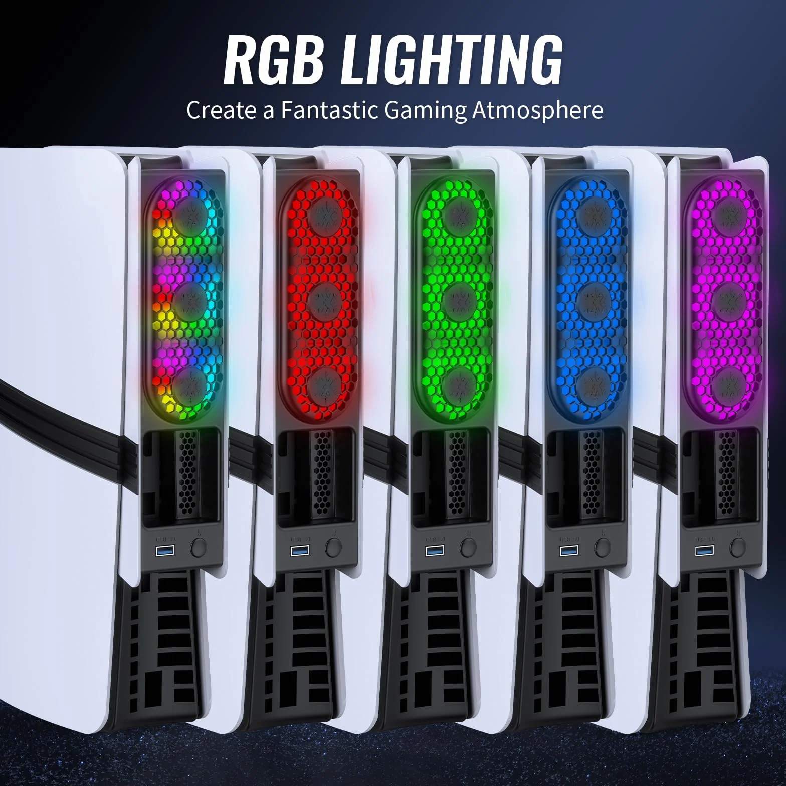 Wentylator chłodzący do konsoli PS5 Pro/Slim - szybkie chłodzenie z automatyczną regulacją temperatury, niski poziom hałasu, oświetlenie RGB i port USB 3.0 dla graczy i entuzjastów konsol,