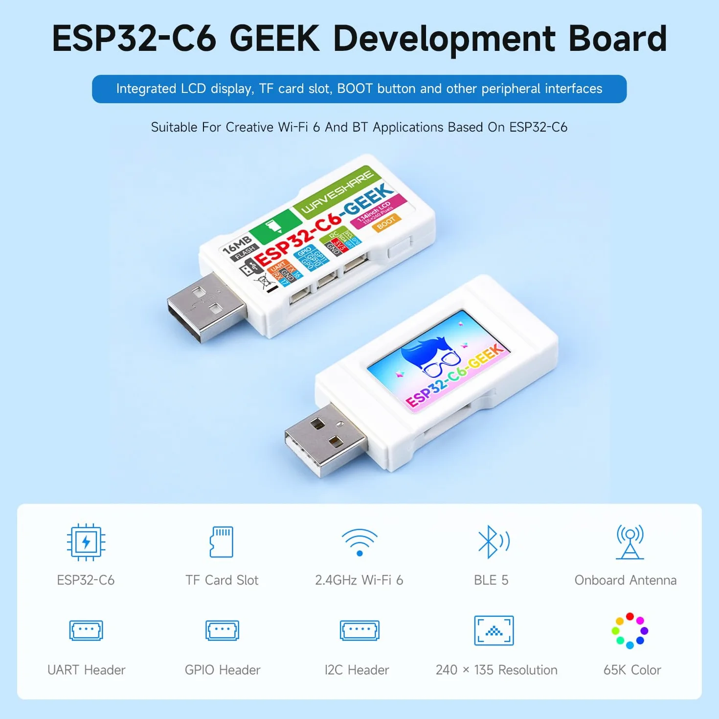 Waveshare ESP32-C6 GEEK Development Board, With 1.14inch 65K Color LCD Display, 240x135 Resolution, Supports 2.4GHz Wi-Fi 6 And BLE 5, USB-A Male Port, With White Plastic Case