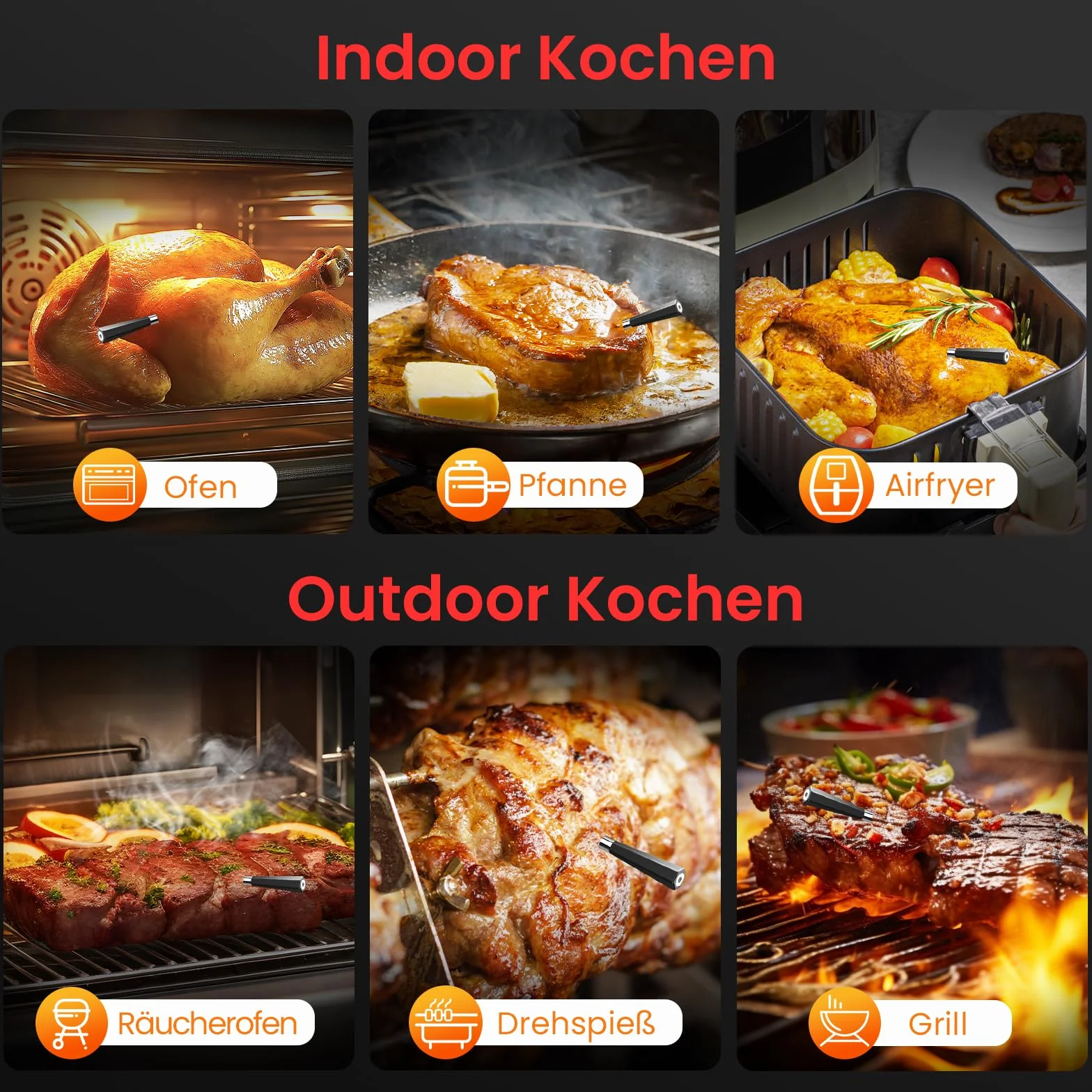Termometr do mięsa Bluetooth 150m podwójny czujnik cyfrowy z aplikacją do grilla pieczenia BBQ (Czarny)