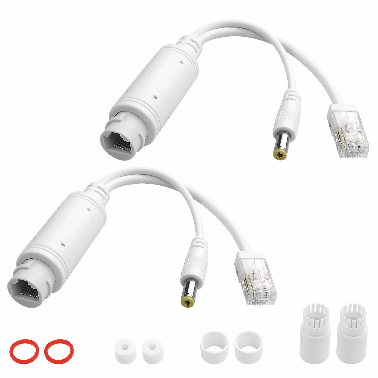 Rozdzielacz PoE Power over Ethernet 48 V do 12 V IP55 wodoszczelny, 5,5 x 2,1 mm złącze DC, IEEE 802.3af/at, odpowiedni do kamer IP, biały (2 sztuki)