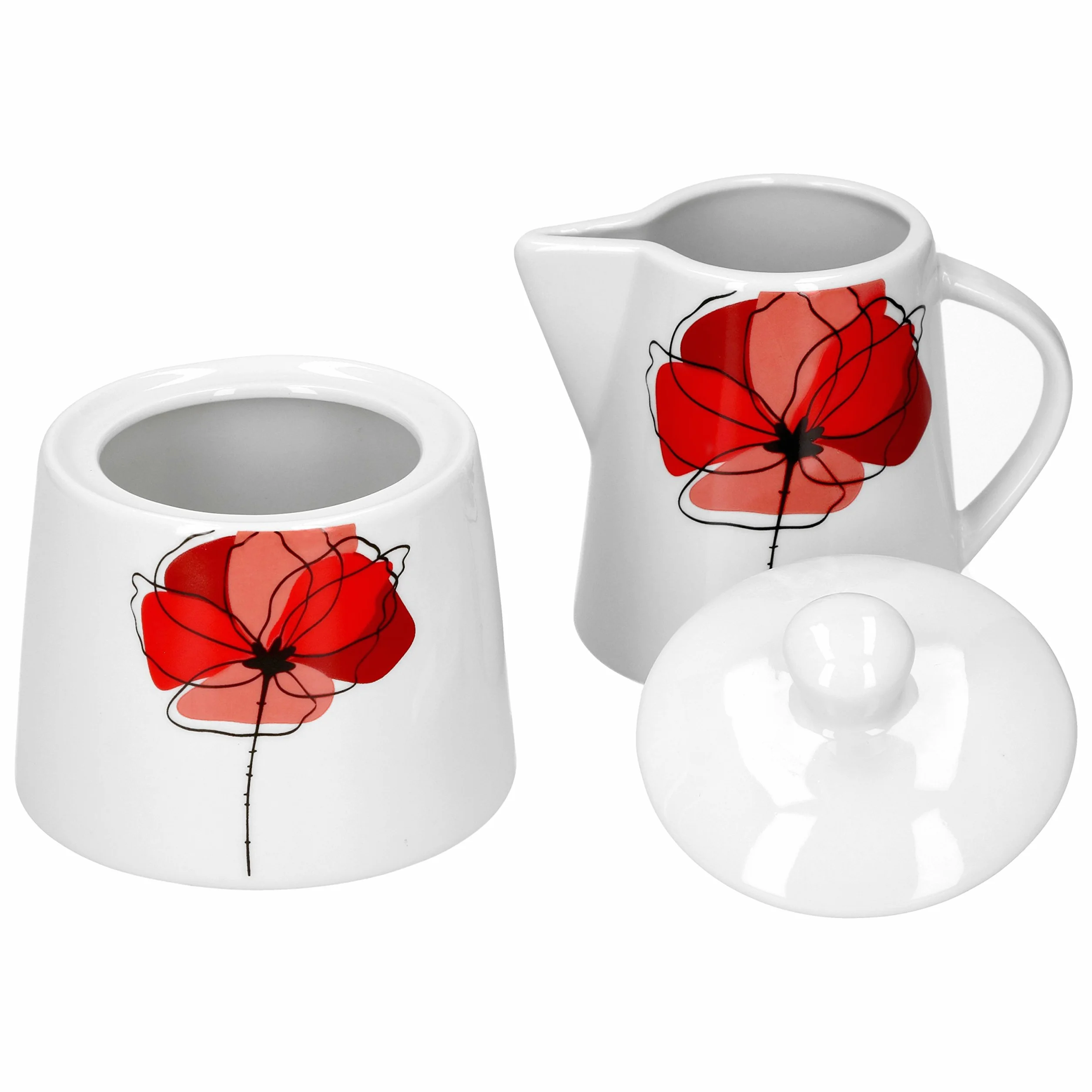 Van Well Zestaw cukru i mleka Monika | cukiernica z pokrywką | dzbanek na mleko | mleko i cukier | mak czerwony | szlachetne naczynia porcelanowe | gastronomia