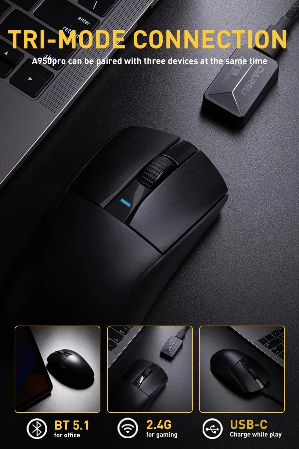 DAREU A950pro mysz do gier częstotliwość odświeżania 4 kHz, ultralekka waga 55 g, czujnik optyczny PAW3395, rozdzielczość 26K DPI, 5 programowalnych przycisków, obsługa szybkiego ładowania w 15 minut