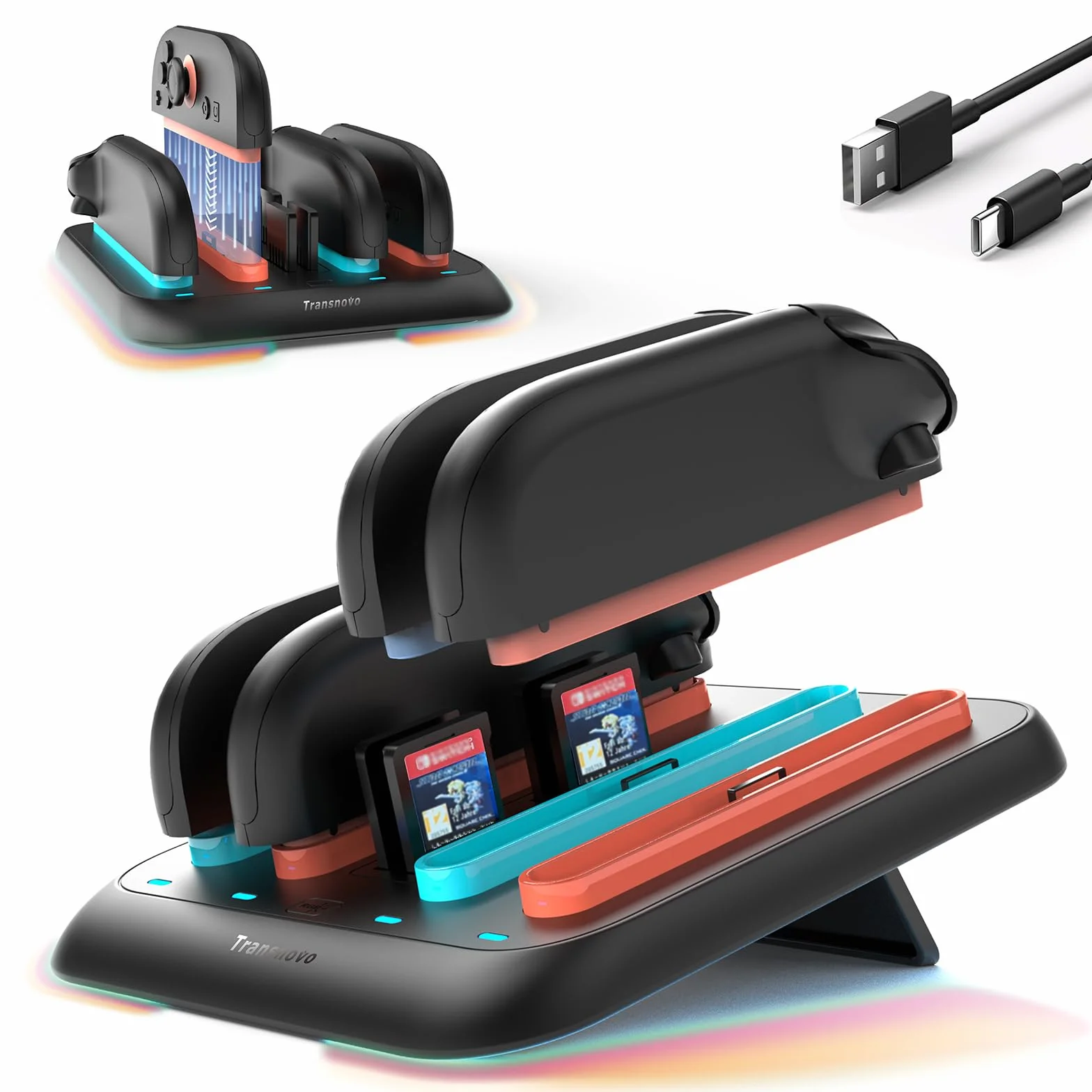 TRANSNOVO Stacja ładująca do Nintendo Switch 2, 4-krotna stacja ładująca z 4 pamięciami kart do gry, wskaźniki LED, 9 trybów otoczenia RGB, zintegrowany stojak do jednoczesnego ładowania 1-4 Joy-Cons