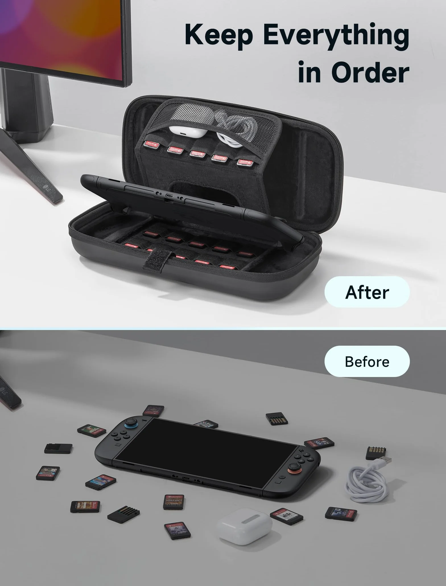 JSAUX Torba kompatybilna z Nintendo Switch 2 2025, ochronna twarda torba z 15 przegródkami na karty do gry, przenośna torba podróżna na konsolę Switch 2 i akcesoria, czarna