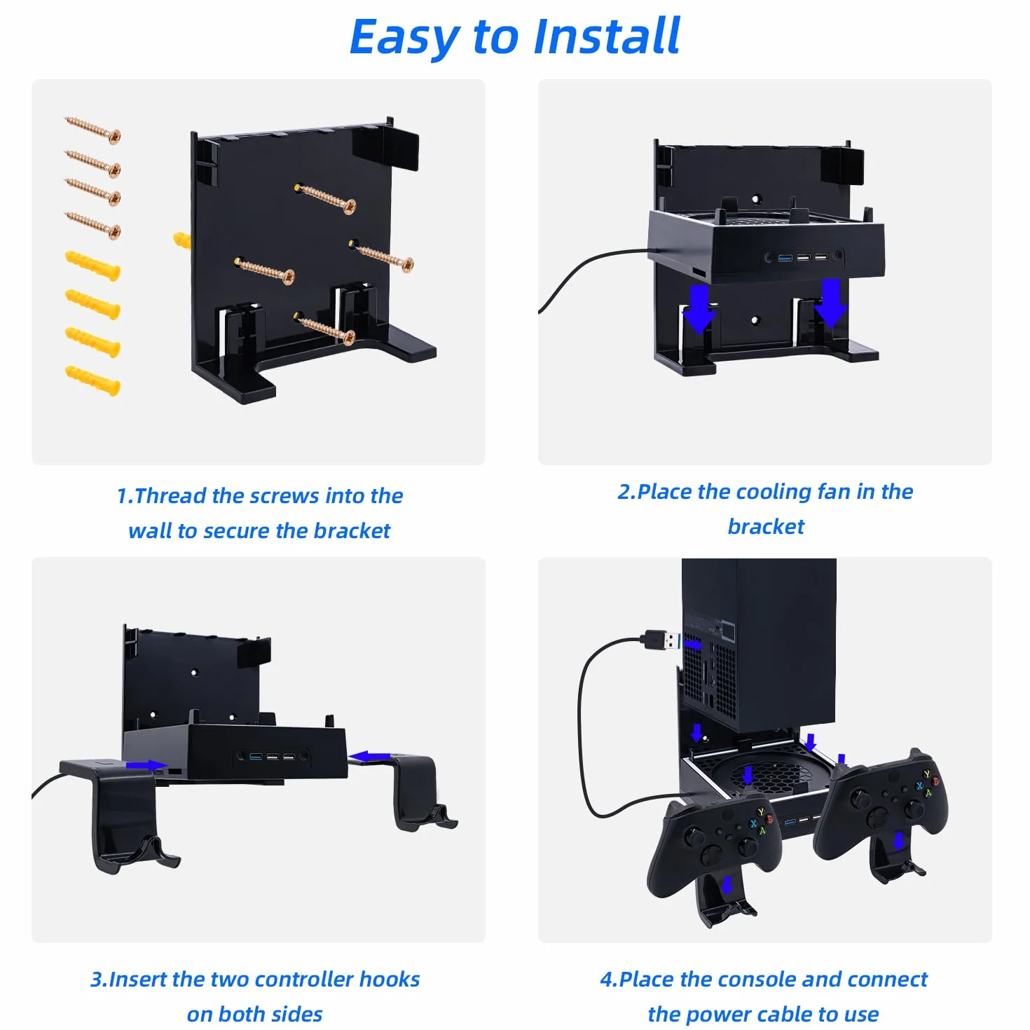 Mcbazel Xbox Series X Zestawy do Montażu ściennego z Wentylatorem Chłodzącym, Wspornik Systemu Chłodzenia LED RGB z Regulowanymi Poziomami Prędkości/Portami USB/Wspornikami Kontrolera