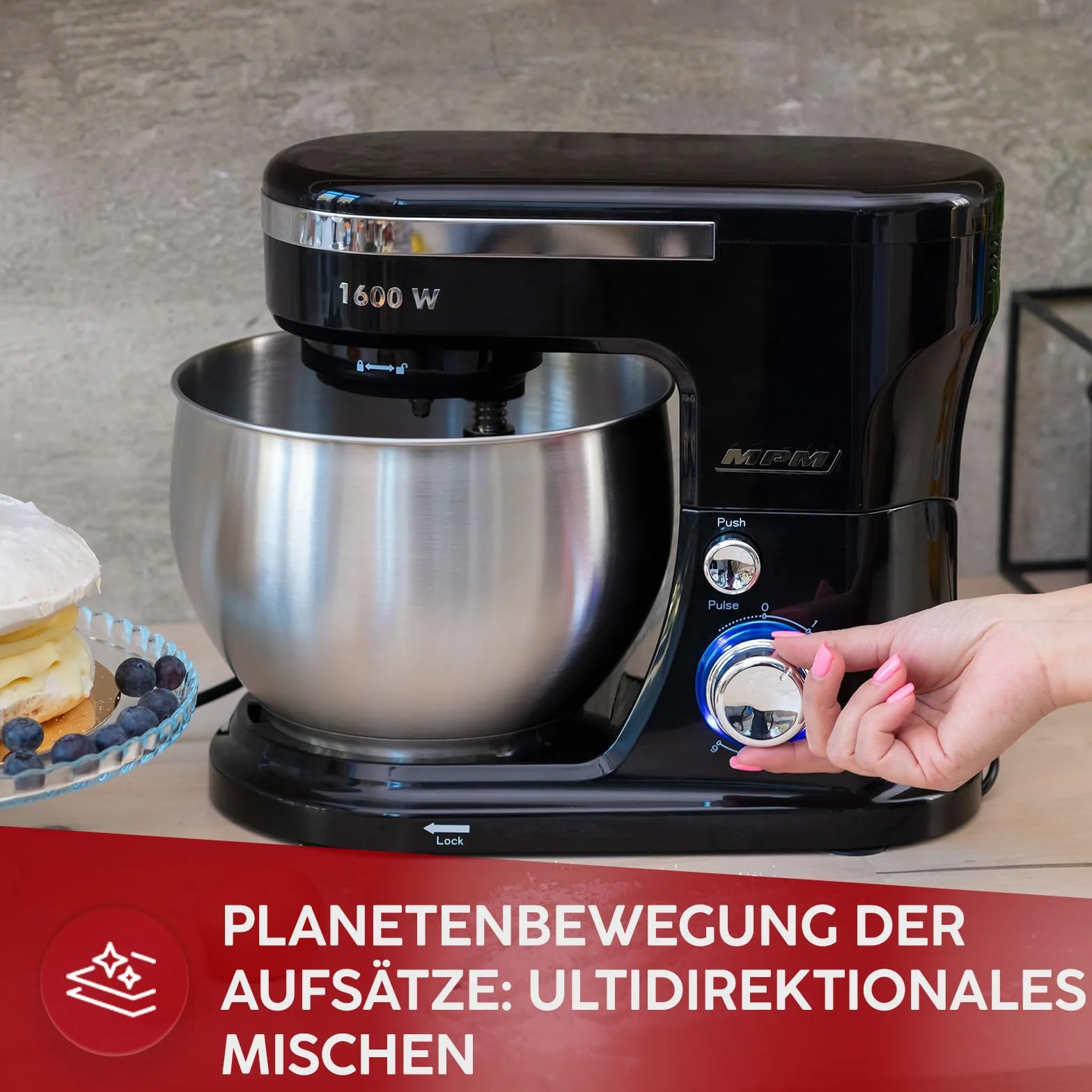 MPM - Robot kuchenny planetarny z 2 miskami do mieszania 4 i 5 litrów - robot kuchenny 1600 W - czarny