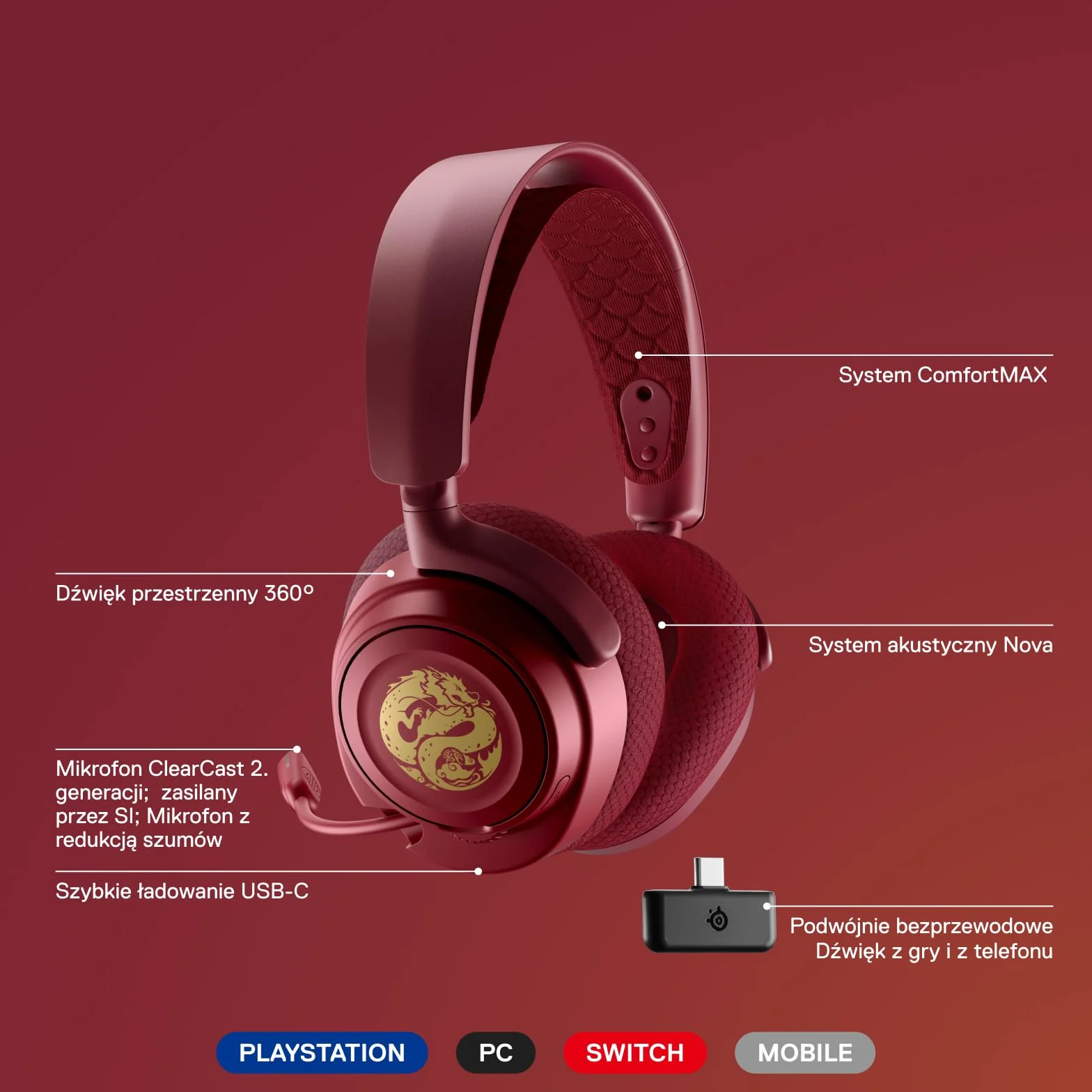 SteelSeries Arctis Nova 7 Wireless - Multi-Platform Gaming Headset - Dragon Edition - głośniki + nakładki - Podwójna łączność 2,4 GHz, Bluetooth - bateria 38 HR Fast Charge - PC, PS, komórki, Switch