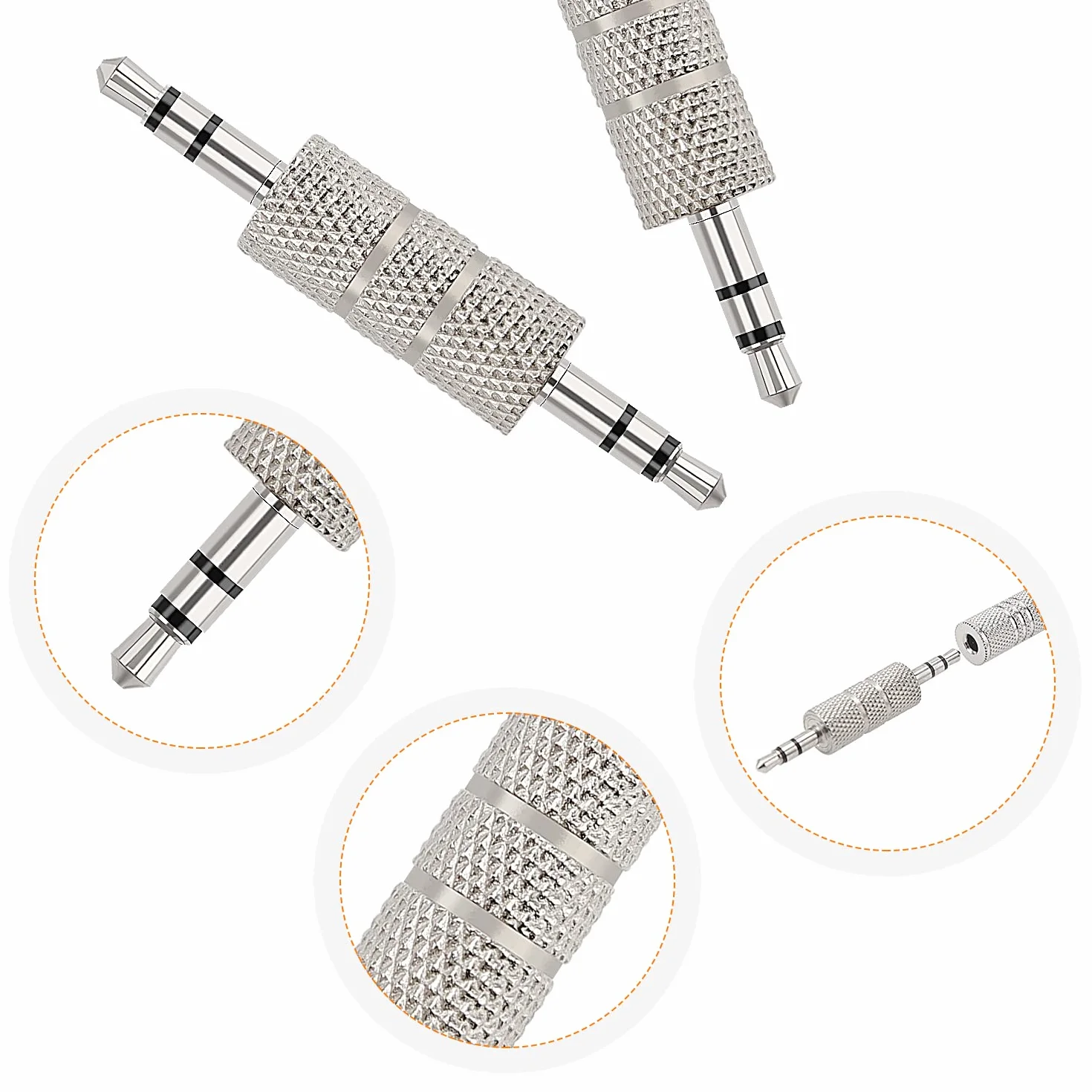 8 szt. 3,5 mm męski na męski adapter audio, 3,5 mm metalowy 3-biegunowy TRS męski na męski stereo, złącze wtykowe do słuchawek, niklowane