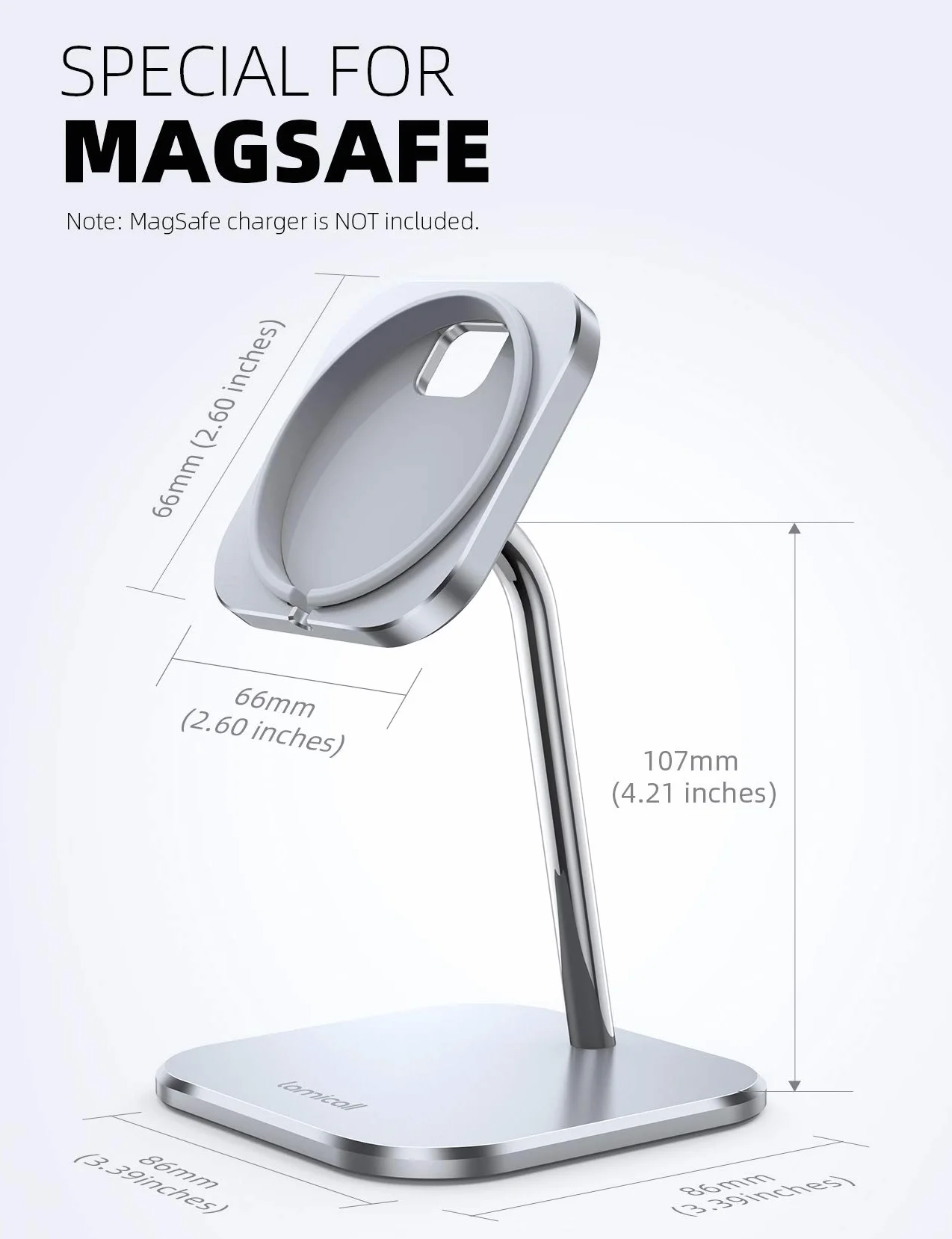 Lamicall Stojak na telefon do ładowarki MagSafe – regulowany aluminiowy uchwyt do ładowania w trybie czuwania do iPhone'a 16, 16 Plus, 16 Pro, 16 Pro Max, serii 15 14 13 12 [ładowarka nie jest