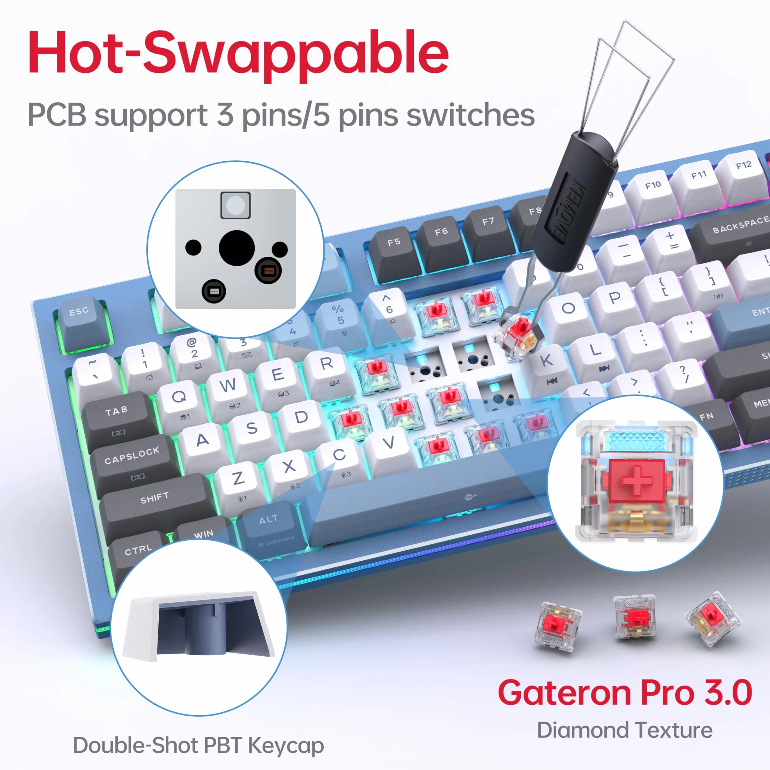 KEMOVE K87 Bezprzewodowa mechaniczna klawiatura TKL, wymienialna na gorąco, RGB, Bluetooth/2,4 GHz/USB-C, 80% 87 klawiszy, czerwony przełącznik