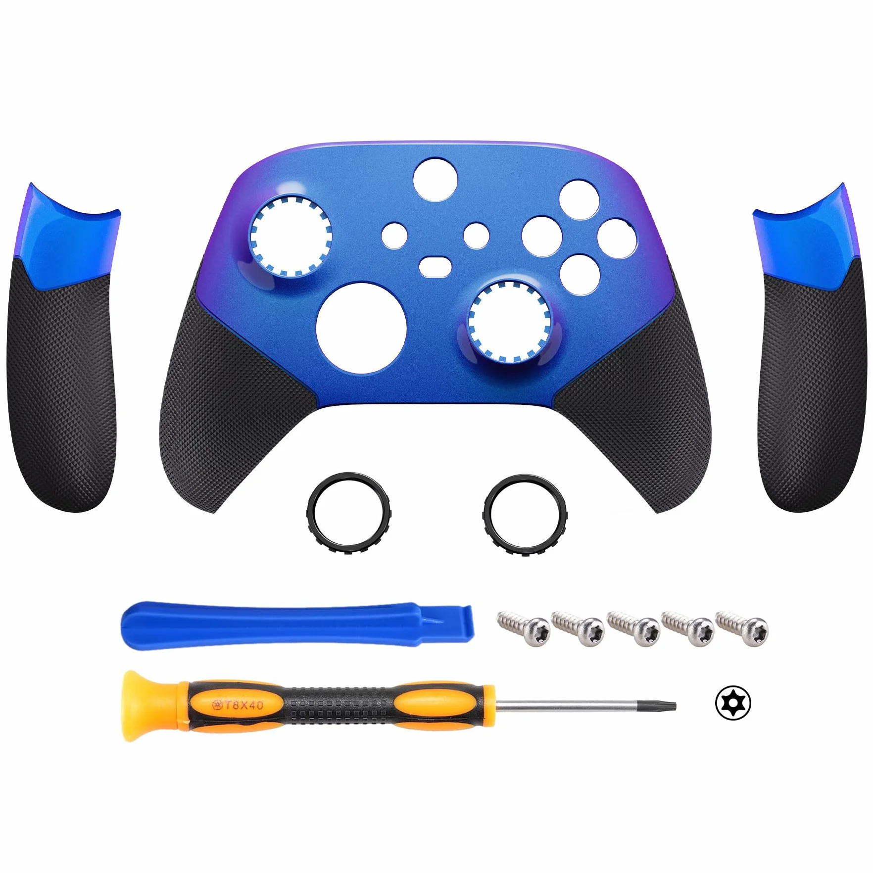 eXtremeRate Kameleon Fioletowy Niebieski ASR Wersja Wydajność Gumowane Szyny Boczne Przednia Obudowa dla Xbox Series X/S Controller z Pierścieniami Akcentującymi