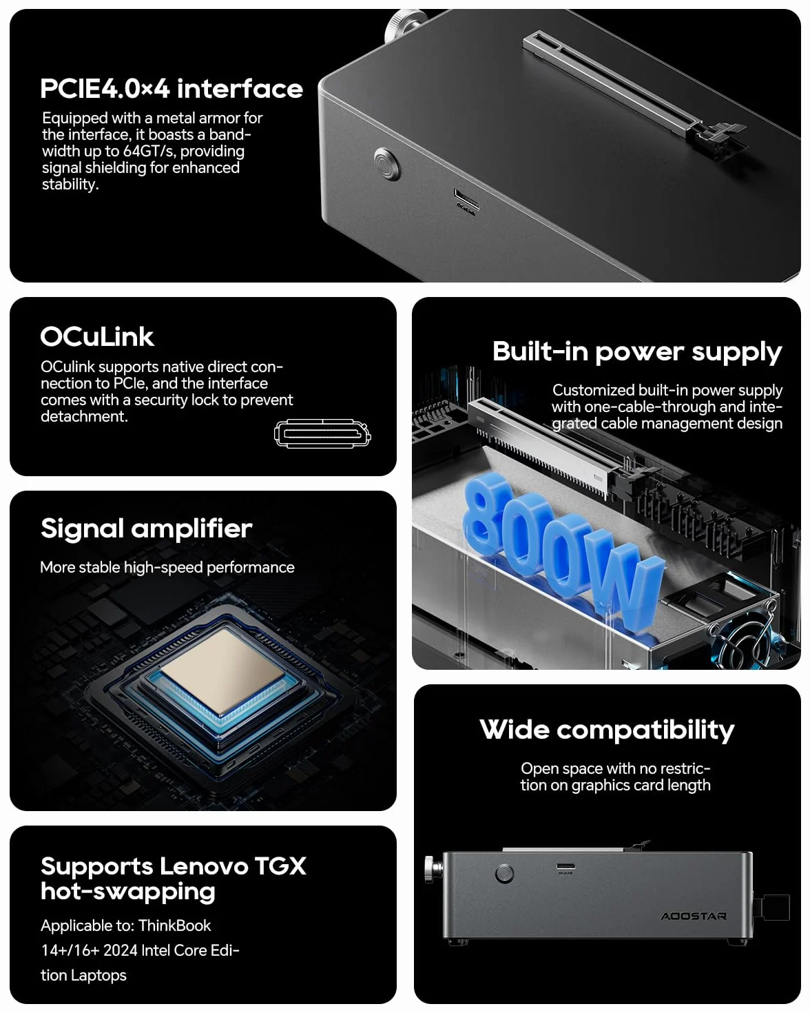 AOOSTAR AG01 eGPU stacja dokująca ze złączem Oculink, zewnętrzna karta graficzna GPU, Docking Statino, kompatybilna z kartami graficznymi AMD/Intel/NVDIA, wbudowany zasilacz 800 W, zużycie energii 600