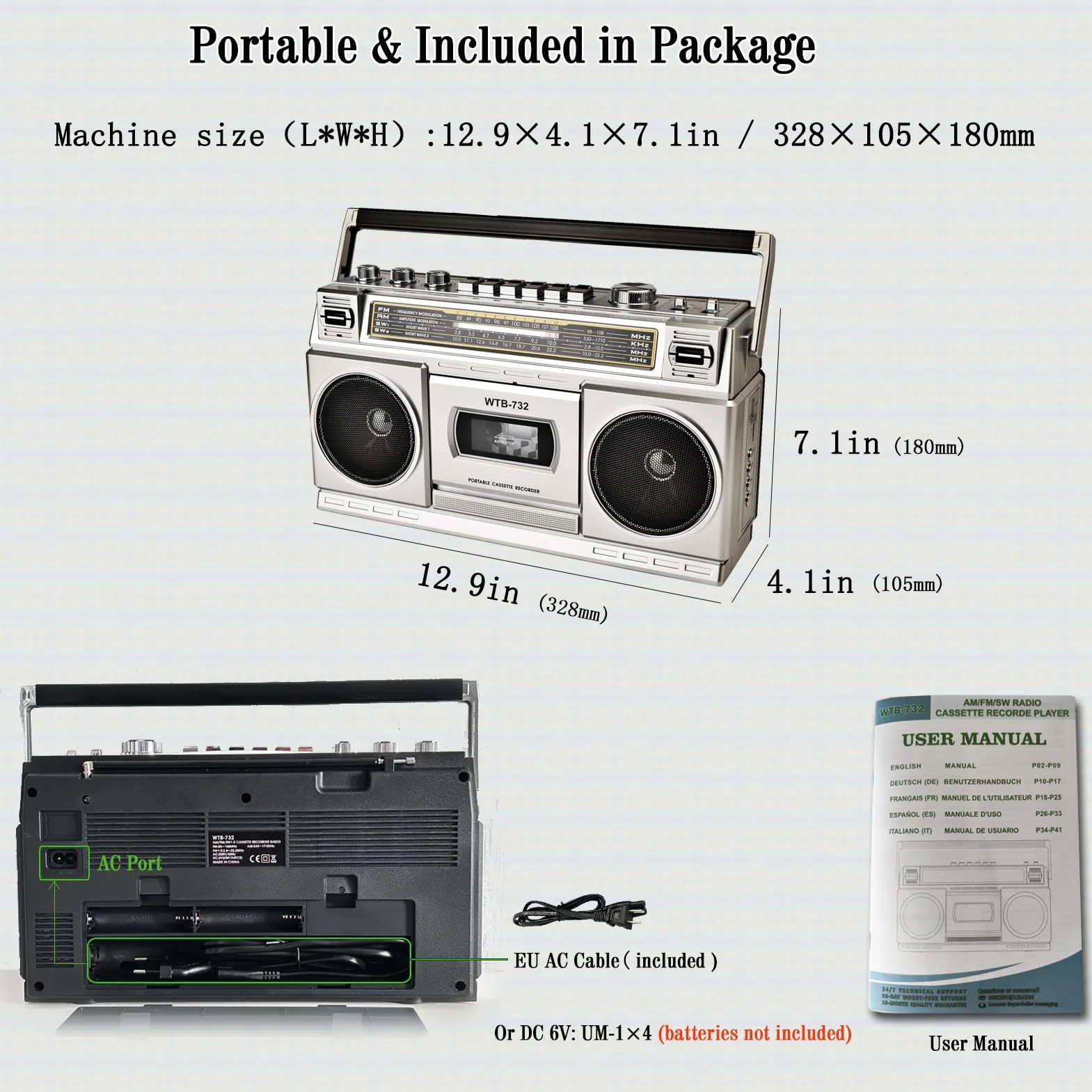 Boombox w stylu retro Classic w stylu lat 80., odtwarzacz kasetowy z radiem AM/FM/SW, Bluetooth, USB, gniazdo słuchawkowe, 24 W, głośniki Dual Full-Range High-Bass