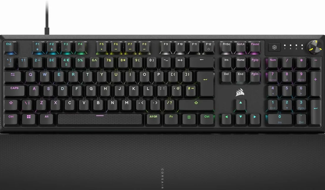 CORSAIR K70 CORE RGB mechaniczna przewodowa klawiatura do gier z podpórką pod nadgarstki, wstępnie nasmarowane czerwone przełączniki liniowe MLX, SOCD, malowane ABS klawisze, tłumiące dźwięk, pokrętło