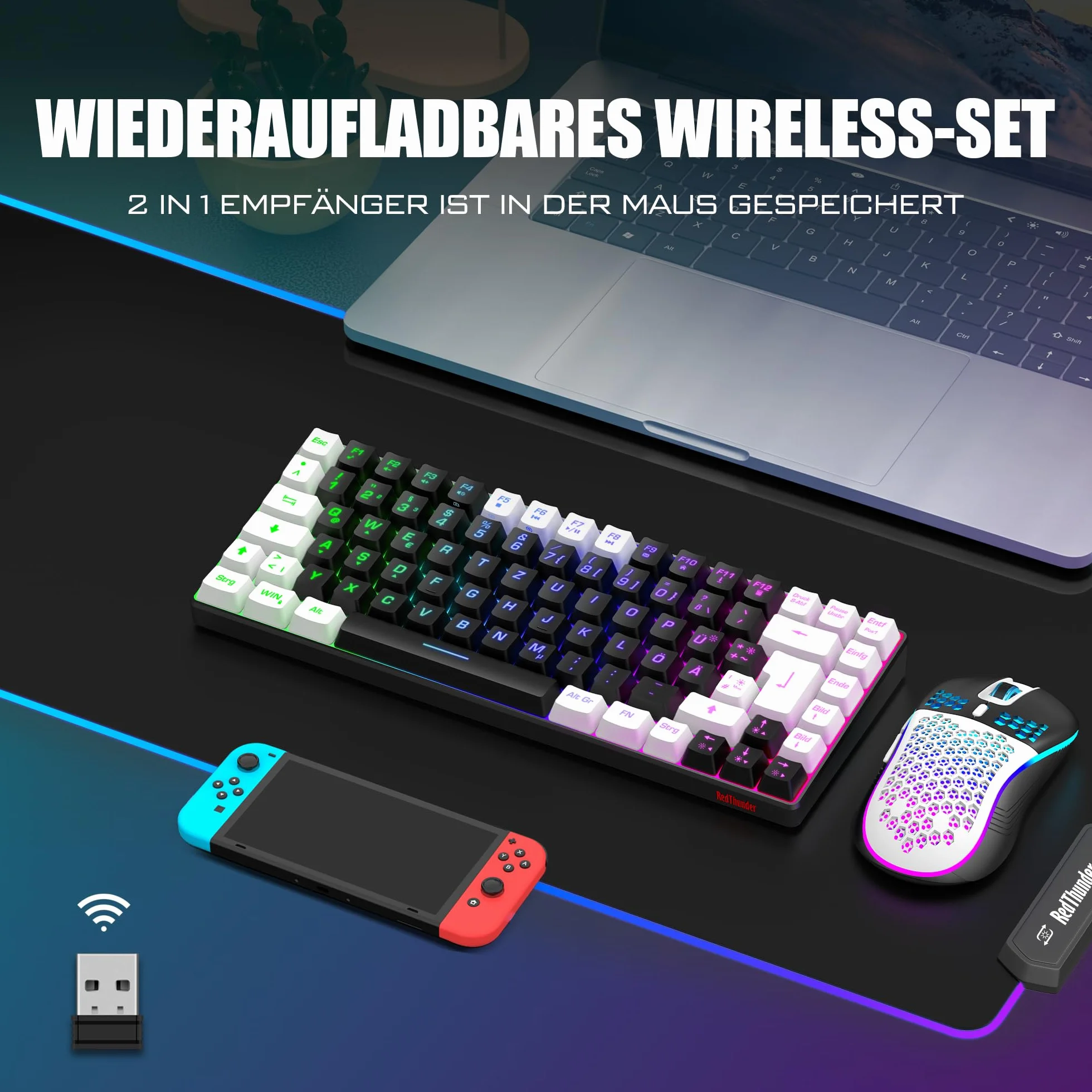 RedThunder 75% bezprzewodowa klawiatura i mysz do gier, układ DE TKL, 85 przycisków, możliwość ponownego ładowania, kompaktowa, ultralekka mysz 7200 DPI, konstrukcja Honeycomb, do PC Mac PS5, Xbox