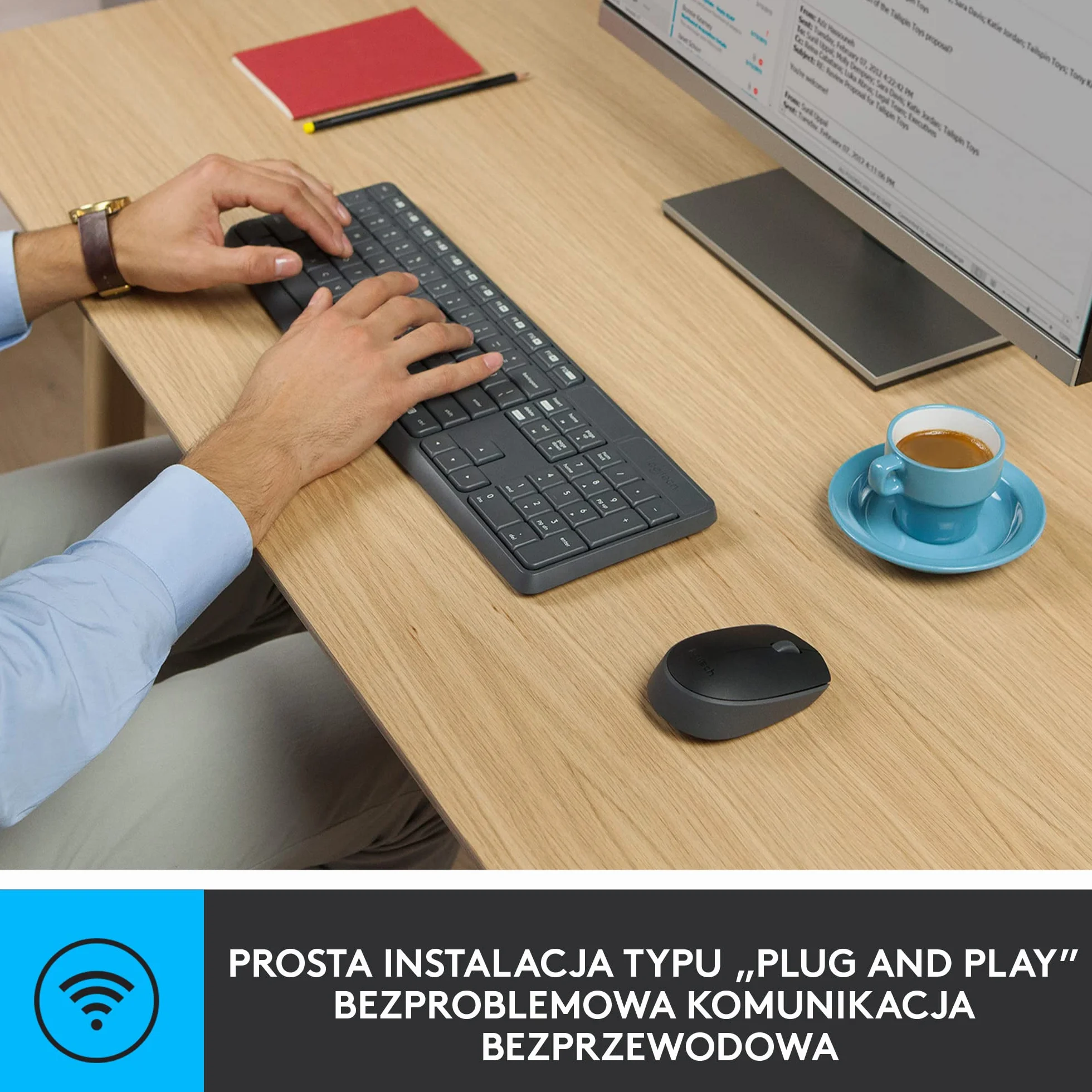 Logitech MK235 Combo Bezprzewodowy Zestaw Klawiatura i Mysz dla systemu Windows, łączność 2,4 GHz, odbiornik USB, 24 miesiące pracy na baterii, PC, laptopem, QWERTY układ US Intl - Szary