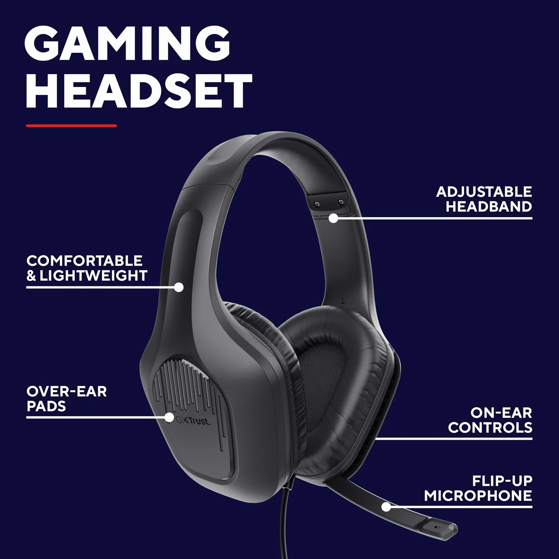 Trust GXT 418 Rayne Lekkie Słuchawki Gamingowe PC Xbox PS5 PS4 Switch Smartfon, Jack Audio 3.5mm, Kabel 2m, Przetworniki 50mm, Odchylany Mikrofon, Headset Przewodowy do Komputera i Konsoli, Czarny