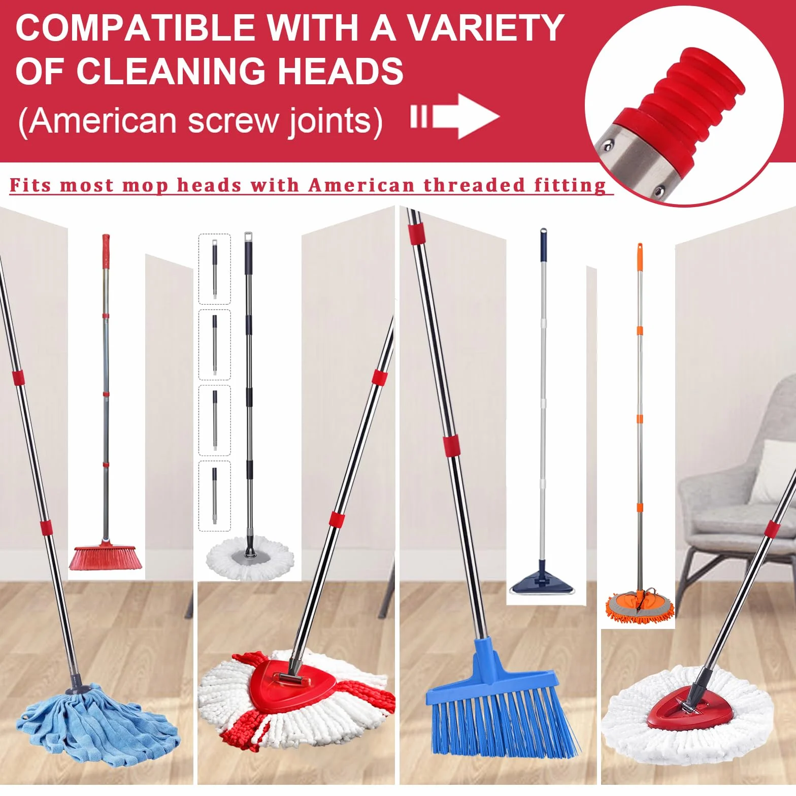 Mop zamienny uchwyt kompatybilny z Vileda Turbo Spin Mop, kij do wymiany mopa EasyWring, kij ze stali nierdzewnej, 4 sekcje od 12 cali do 58 cali długości