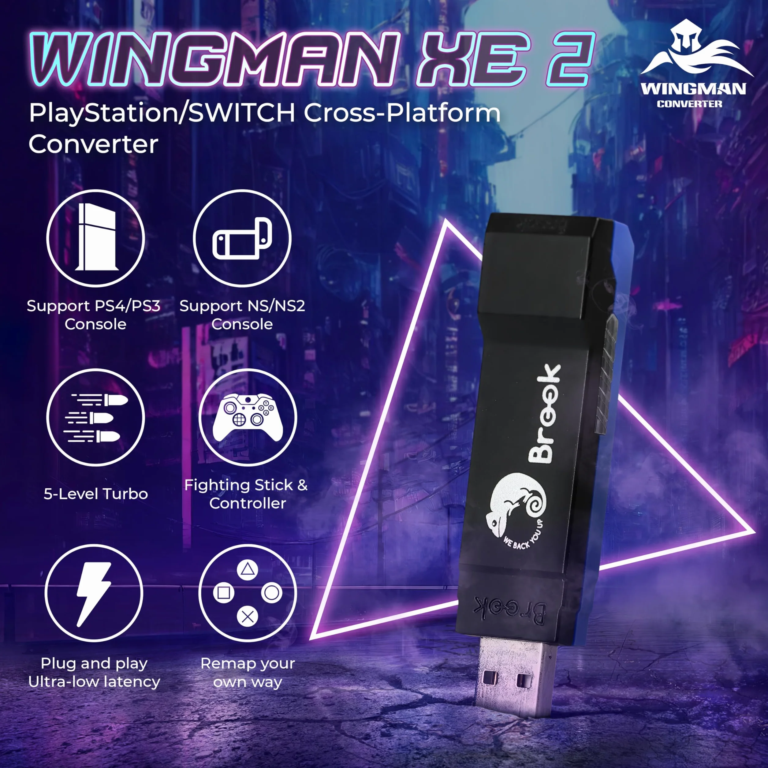 Brook Konwerter Wingman XE 2, dwa w jednym, bezprzewodowy adapter kontrolera do PS, konsol przełączników i komputera, obsługuje regulowane turbo, niebieski