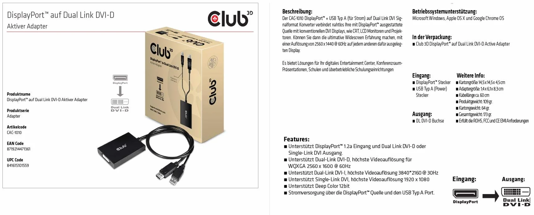 Club 3D CAC-1010 aktywny adapter DisplayPort na DVI-D HDCP ON