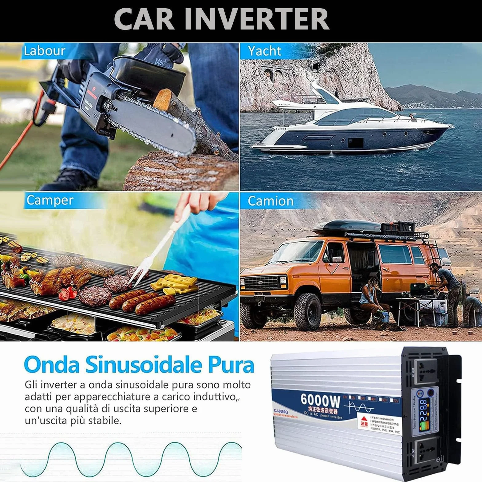 6000 W 8000 W Czysta Sinusoida Fala Mocy Inwerter 12 V 24 V 48 V 60 V DC do 110 V 220 V AC Konwerter NapięCia z WyśWietlaczem Lcd, do Domu/Rv/Truck/SamochodóW/Kempingu/Solar,6000W-12V