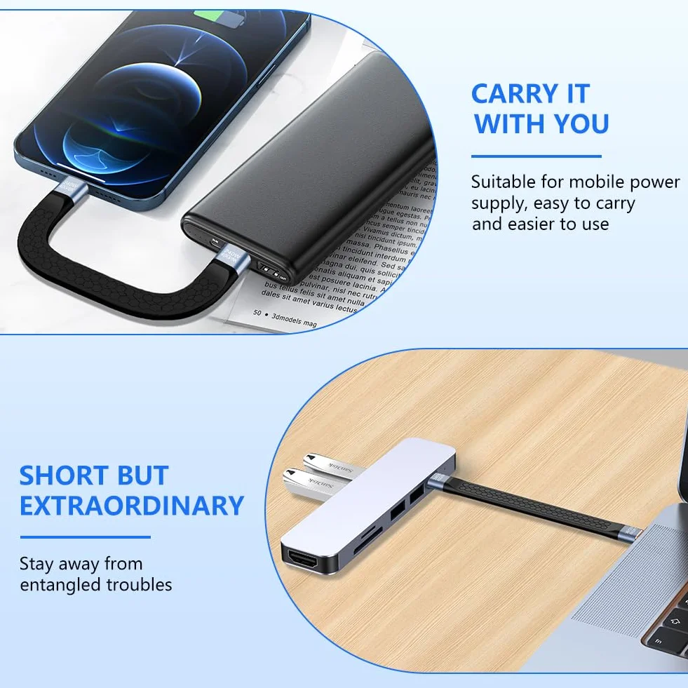 Krótki kabel USB C 13 cm, przenośny brelok, 240 W typ C męski na męski 40 Gbps szybkie ładowanie transfer danych miękki kabel FPC do telefonów iPada Tablet Urządzenie - czarny