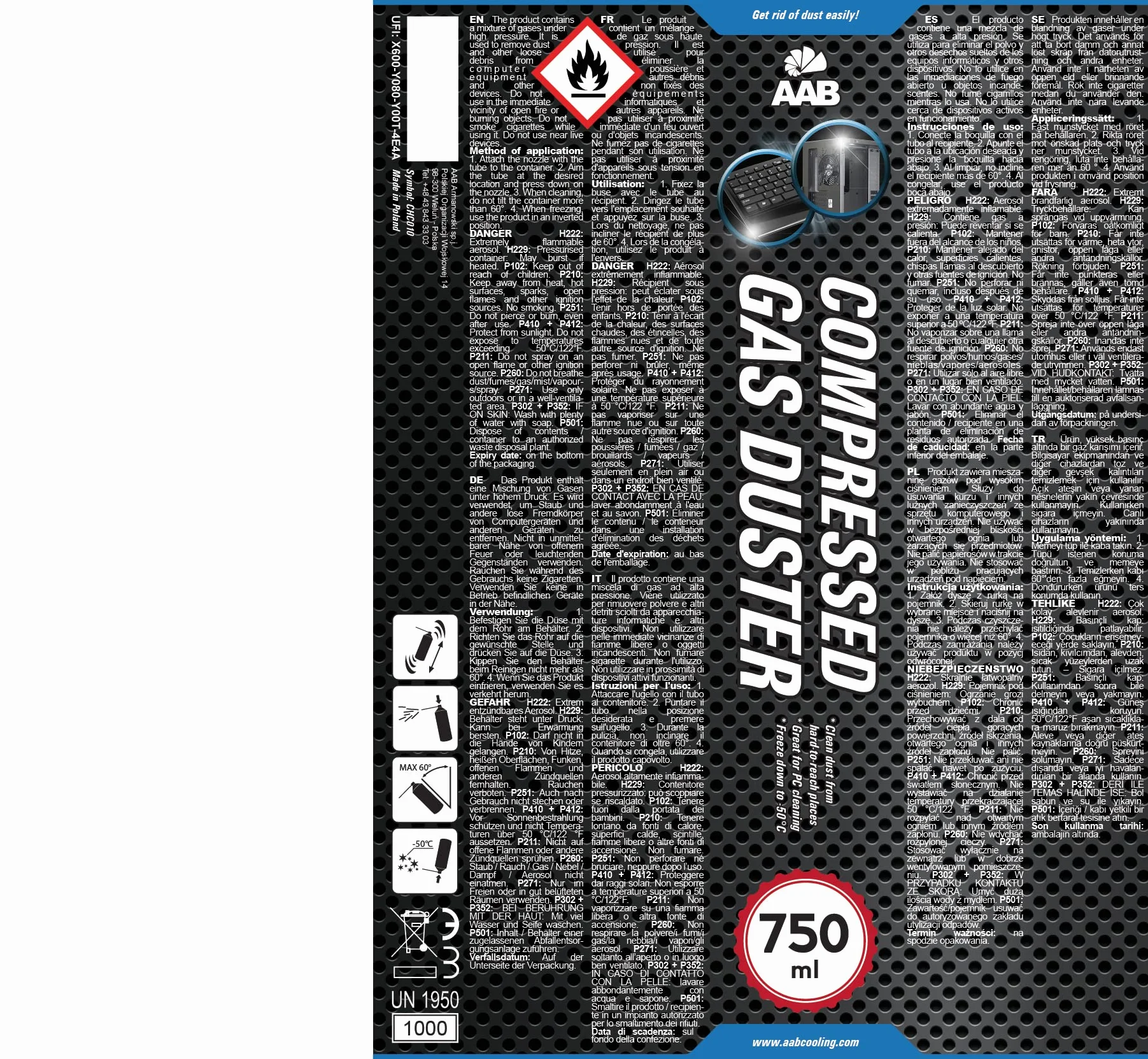 AABCOOLING Compressed Gas Duster 3 x 750ml - Sprężony Gaz, Sprężone Powietrze do Wyposażenia Komputerowego, Puszka, Spray do Czyszczenia Komputera, Klawiatury, Laptopa, Sprzętu Biurowego, PC
