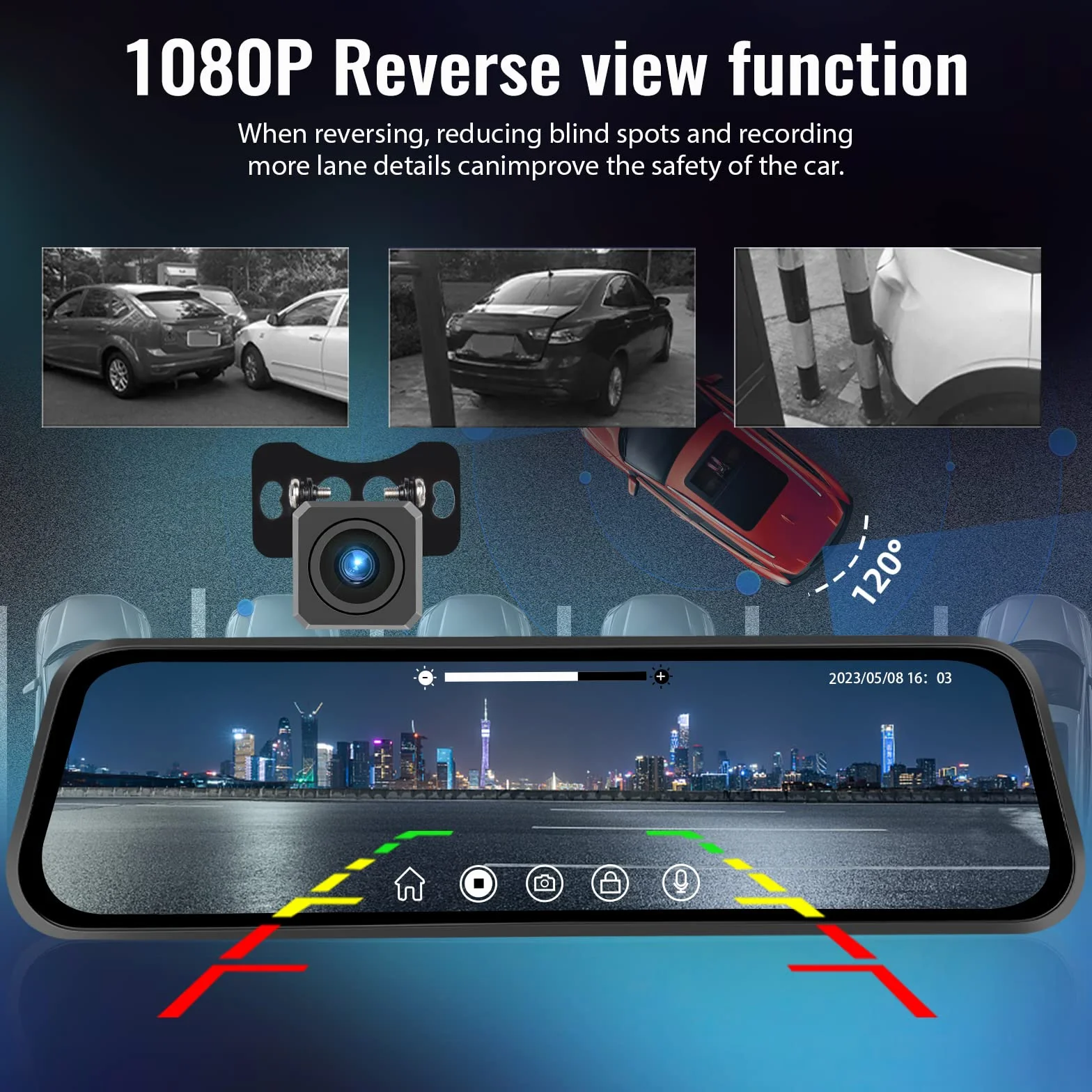 Kamera samochodowa 1080P HD Dashcam z ekranem dotykowym 9.66, przednie i tylne lusterko, G-sensor, nagrywanie w pętli, monitor parkowania 24H, przewodnik parkowania, noktowizor, wodoodporny