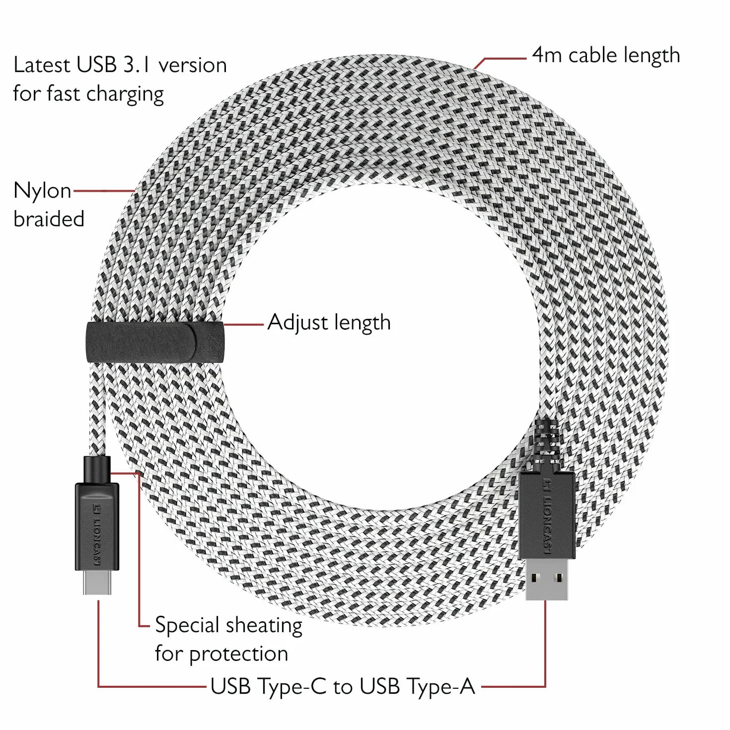 Lioncast 4 m PS5 kabel do ładowania do kontrolera Playstation 5, 4 metry, kabel do szybkiego ładowania do Sony Playstation, zestaw (2 szt.), czarny/biały (1 x USB-C na USB-A i USB-C)