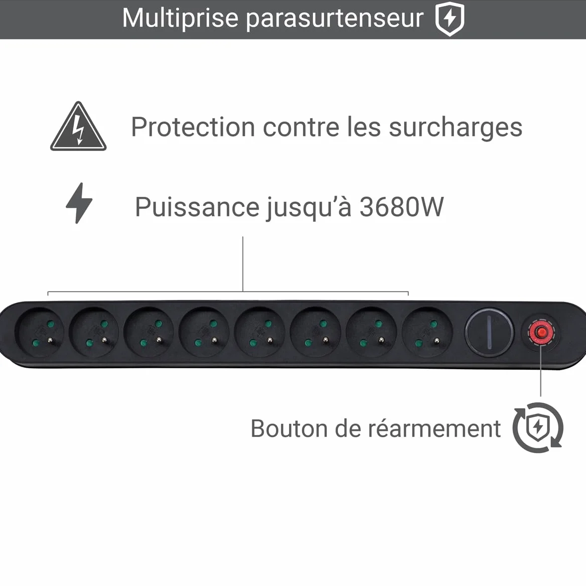 Waytex 52134 Listwa przeciwprzepięciowa 8 gniazd z przełącznikiem, 8 X 16A 2P+T, kabel 1,50m, zabezpieczenie dzieci, CE NF, czarna