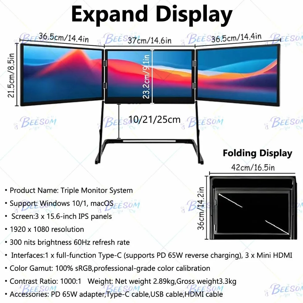 Rozszerzenie ekranu laptopa Quad Screen Extender, 14-calowy przenośny monitor HD 1080p Triple, automatyczna regulacja szerokości + obrót o 360°,funkcja Plug-Play dla laptopów 14-15,6” 15.6in