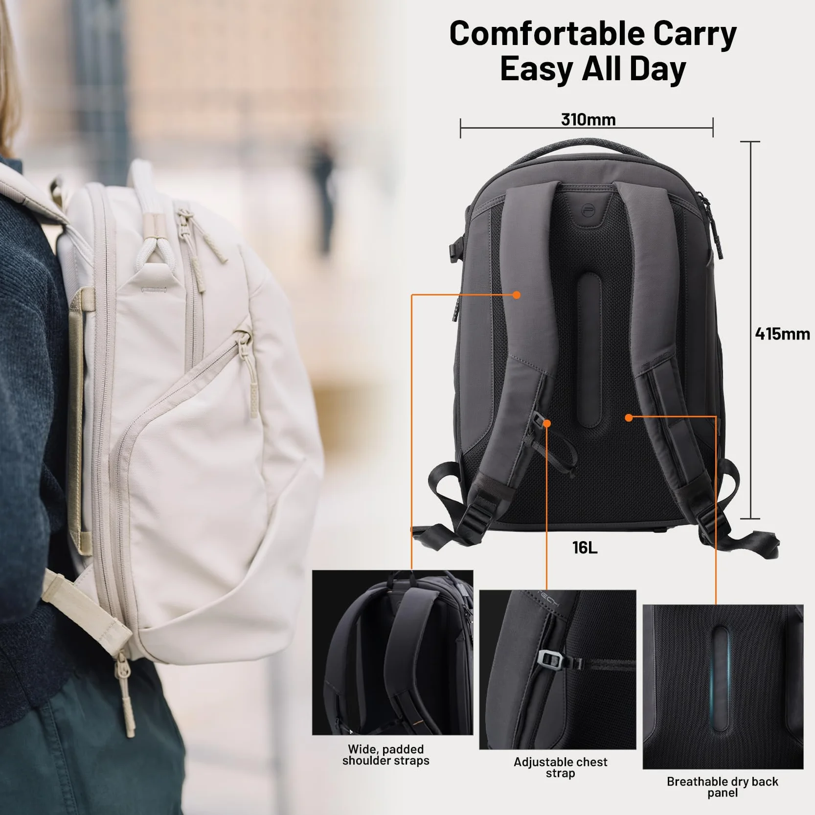PGYTECH OneGo Lite Plecak na aparat fotograficzny, 16 l, lekki, odporny na działanie wody, do miasta i podróży, torba na aparat fotograficzny, kompatybilny z lustrzankami Sony/Canon/Nikon, laptop 14
