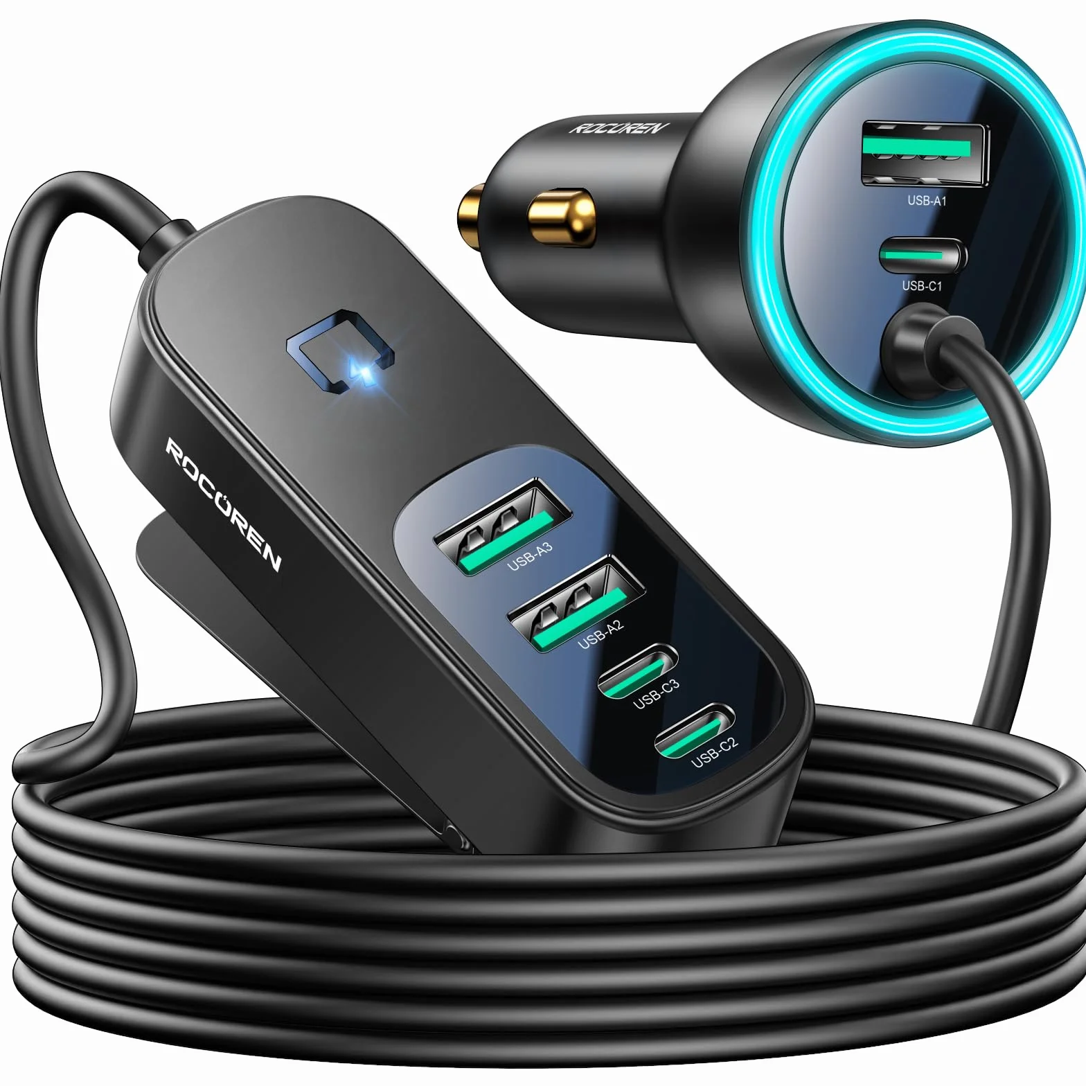 Rocoren Ładowarka samochodowa 105 W, PD35W QC3.0 6-portowa ładowarka samochodowa USB C Fast Charge z niebieską diodą LED i przewodem o długości 1,5 m do iPhone/iPad/Galaxy/Huawei/MacBook Air Serie