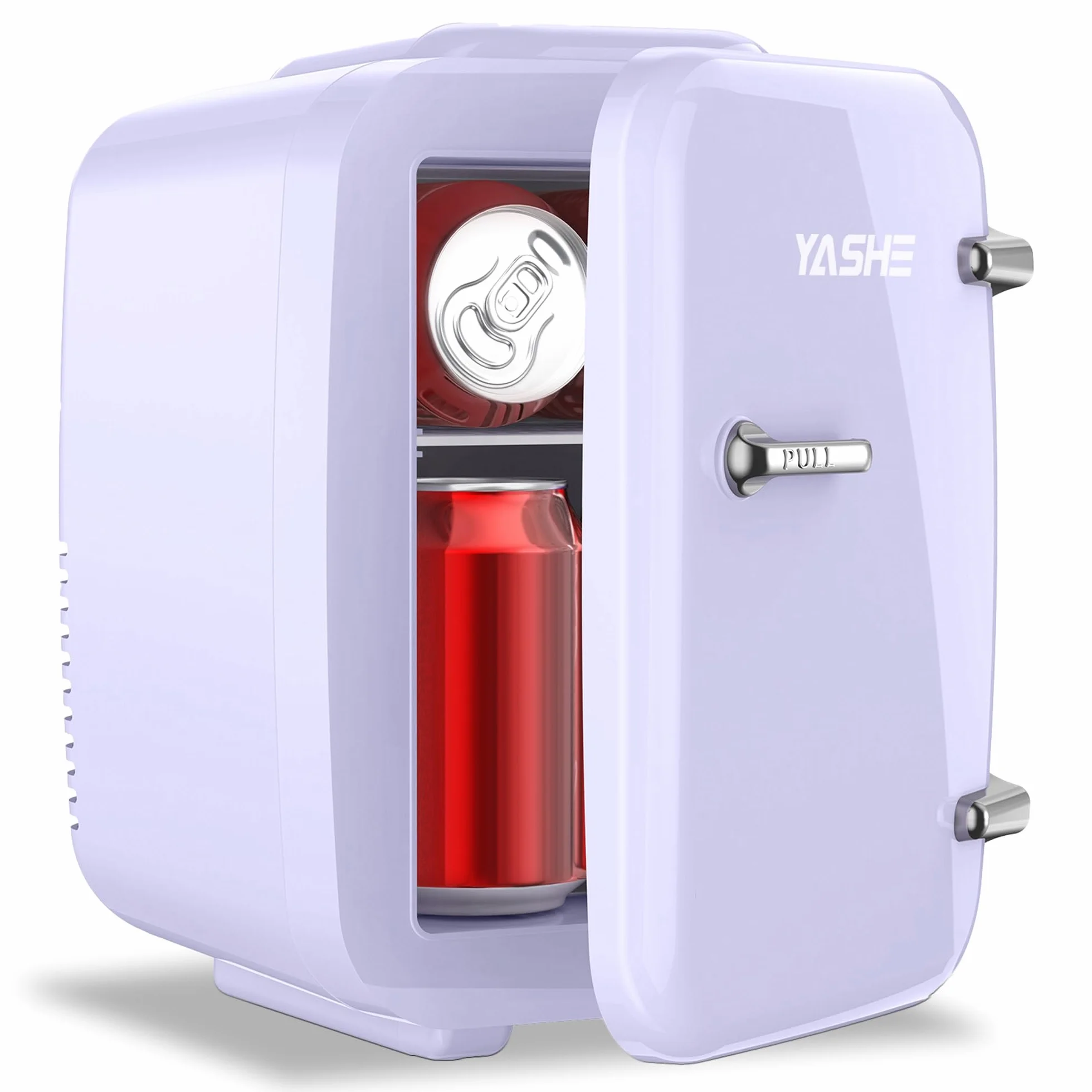 YASHEMinilodówka, mała lodówka 4 litry/6 puszek do sypialni, termoelektryczna chłodziarka i podgrzewacz 220V AC/ 12V DC do samochodu z napojami w akademiku, fioletowa