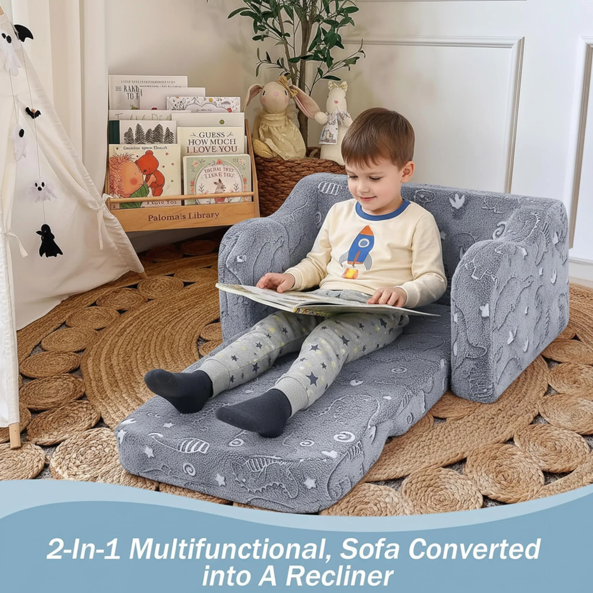 MeMoreCool Kanapa dla dzieci, składany fotel dla malucha, sofa, miękki plusz, rozkładana sofa dla dzieci, łóżko świecące w ciemności, wygodny leżak dla dziewczynek i chłopców, świecący dinozaur