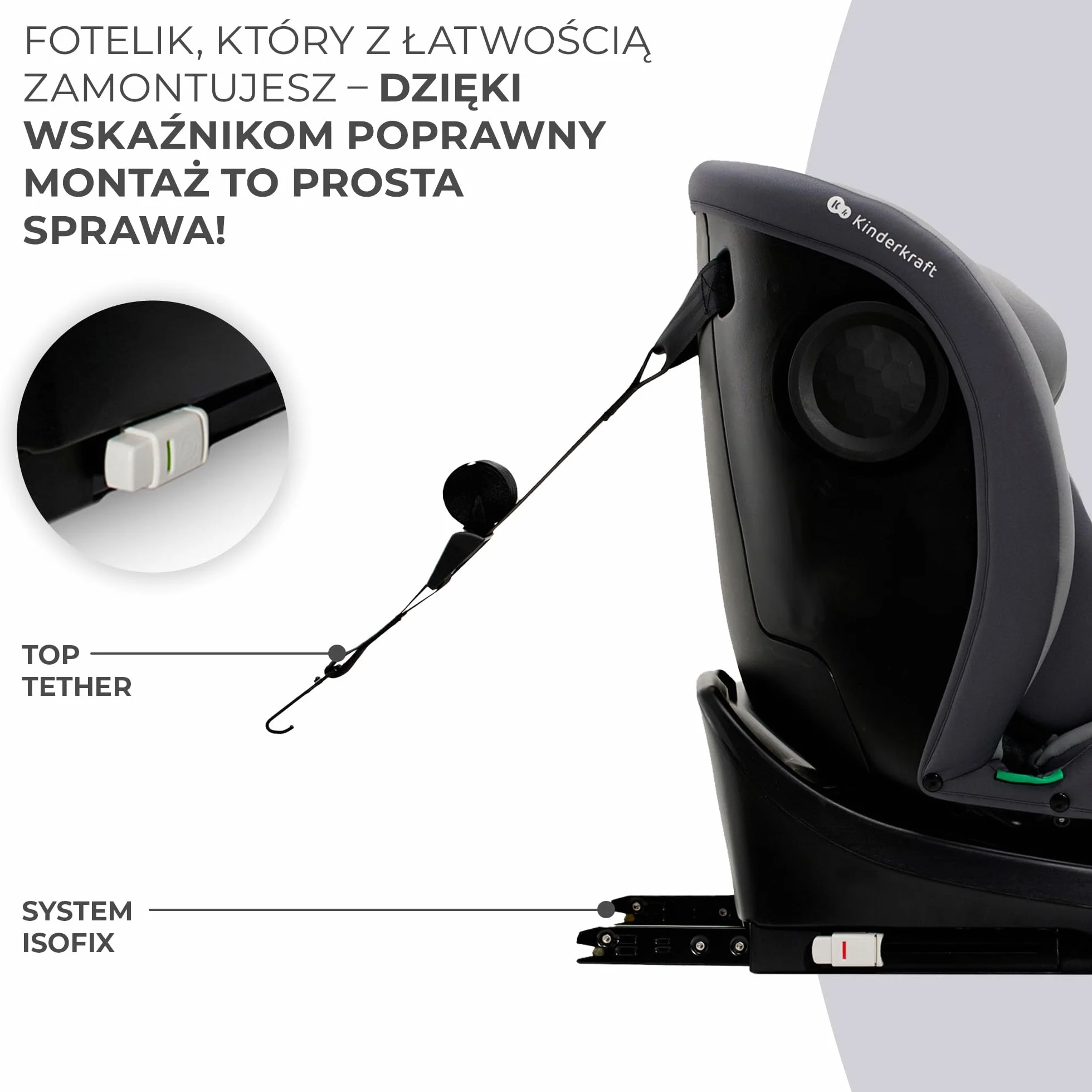 Kinderkraft I-GROW Fotelik dziecięcy i-Size, 40-150cm, Fotelik na bazie, Obracany 360 stopni, Regulowany, Isofix, Miękkie siedzisko, RWF, FWF, Grupa 0+/1/2/3 0-36 kg, do 12 lat, Szary