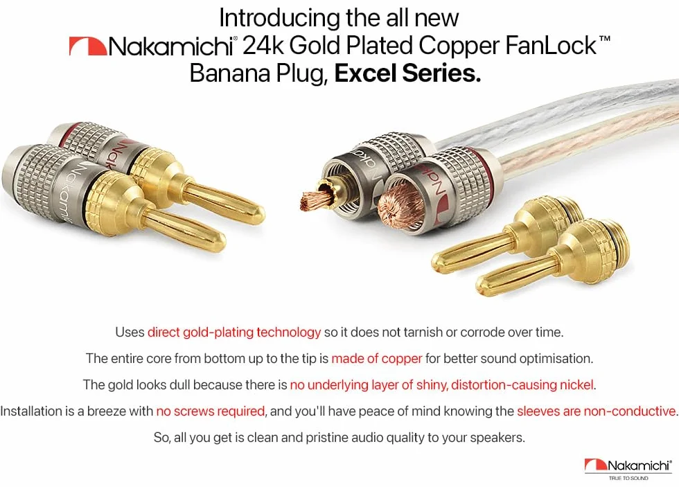 Nakamichi FanLock Wtyk bananowy platerowany 24-karatowym złotem 10 AWG - 18 AWG Rozmiar miernika 4 mm dla głośników Wzmacniacz Hi-Fi Stereo Kino domowe Kabel audio Szybkozłącze, 8 Sztuki (4-Pary)