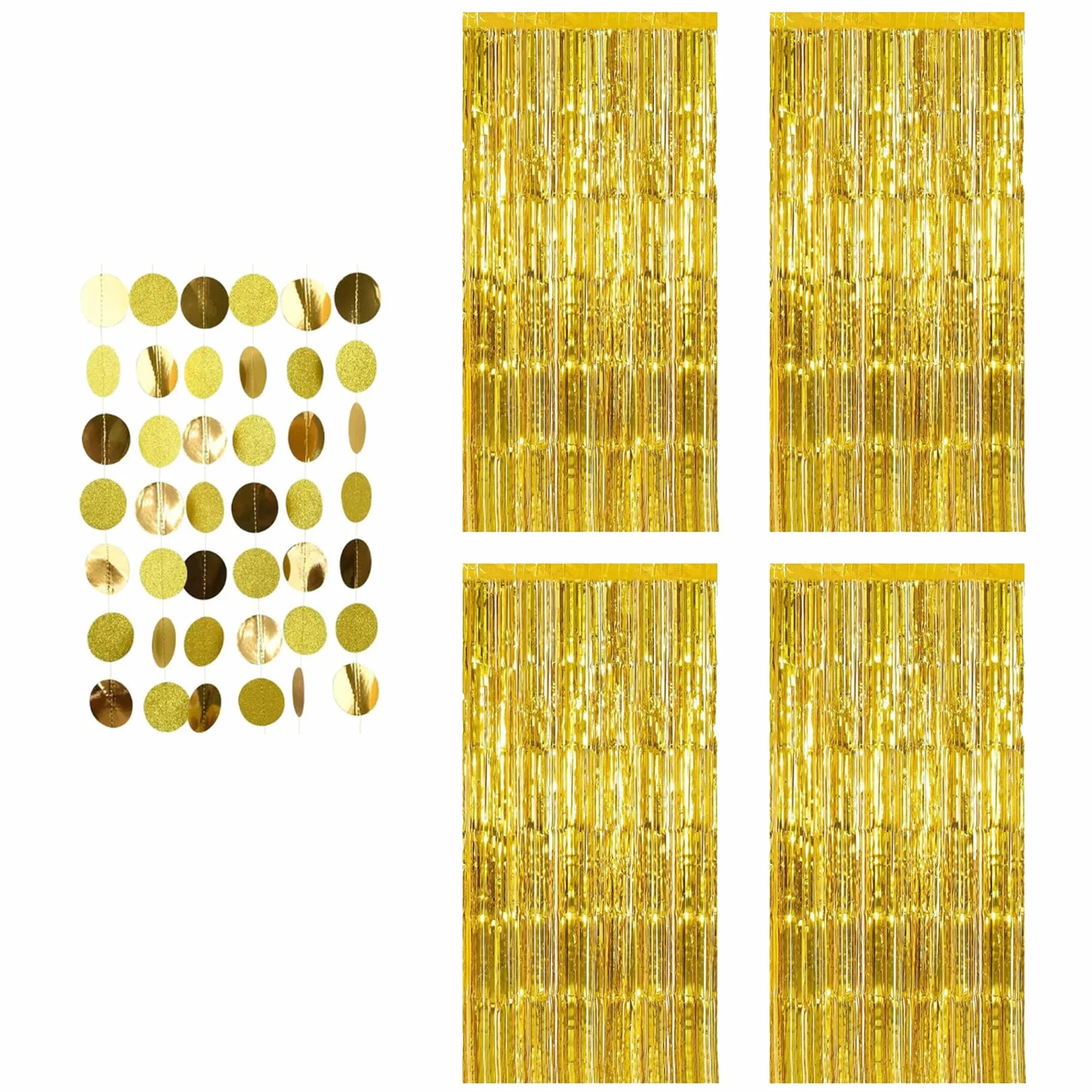 4 złote zasłony lametowe z 1 wiszącą papierową girlandą (złota), brokatowa zasłona lameta, 1 m x 2 m, dekoracja ścienna, złote tło, dekoracja na imprezę, urodziny, wesele, Boże Narodzenie i karnawał