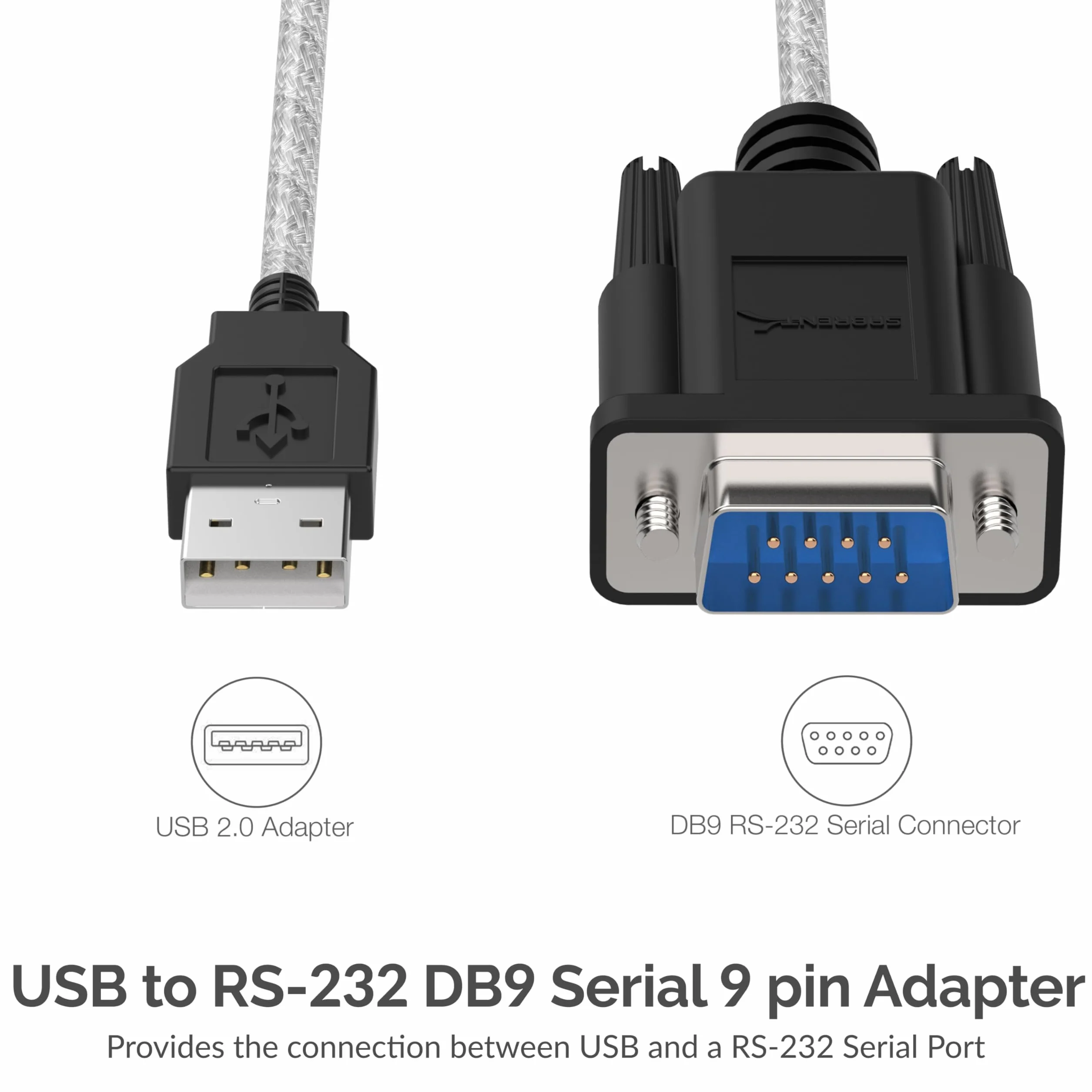 Sabrent Adapter USB na szeregowy (30 cm) USB na RS232 kabel szeregowy, kabel konwertera DB-9 (9-biegunowy) do Windows, Mac OS, Linux (SBT-USC1K)