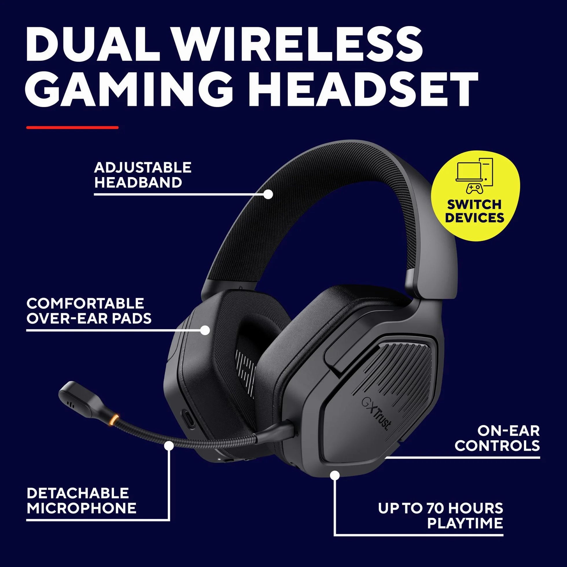 Trust GXT 1493 Ravox Słuchawki Bezprzewodowe Gamingowe Bluetooth + 2.4 GHz do PS5 PS4 Switch PC Smartfonów, Przetworniki 50mm, Akumulator 70h, Wokółuszny Headset z Mikrofonem, Czarny