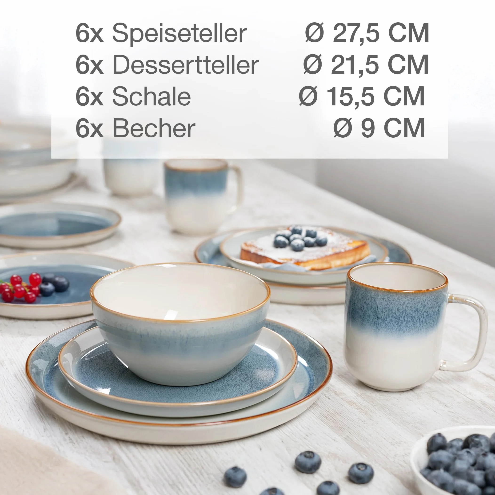 Moritz & Moritz TARENTO 24-częściowy zestaw naczyń dla 6 osób, niebieski – elegancki zestaw talerzy z wysokiej jakości kamionki – zestaw naczyń składający się z 6 talerzy obiadowych, 6 talerzy