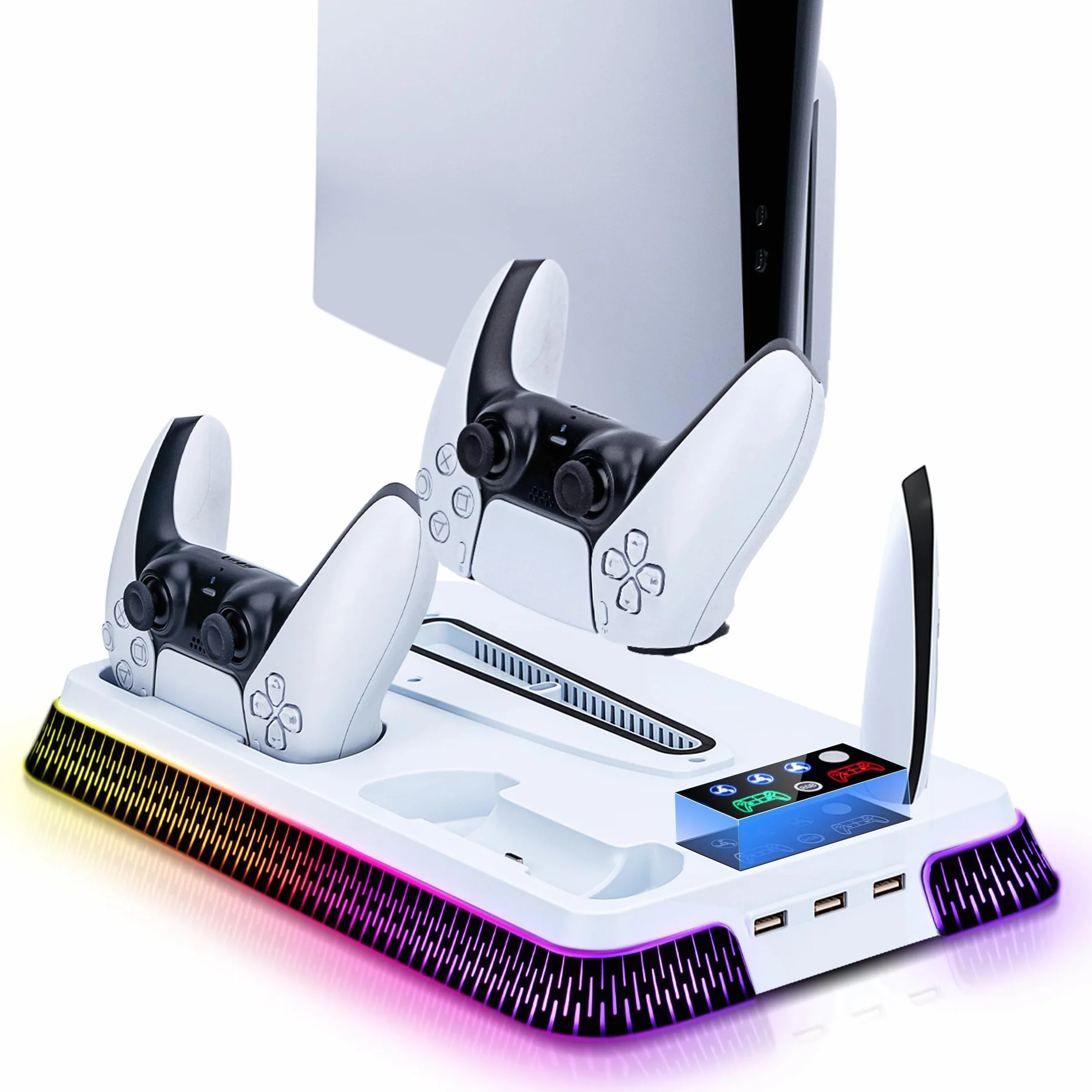 Wigearss Pionowa stacja chłodząca z wentylatorem PS5 Slim, ładowarką z dwoma kontrolerami i podświetleniem RGB dla PS5/PS5 Slim/PS5 Pro