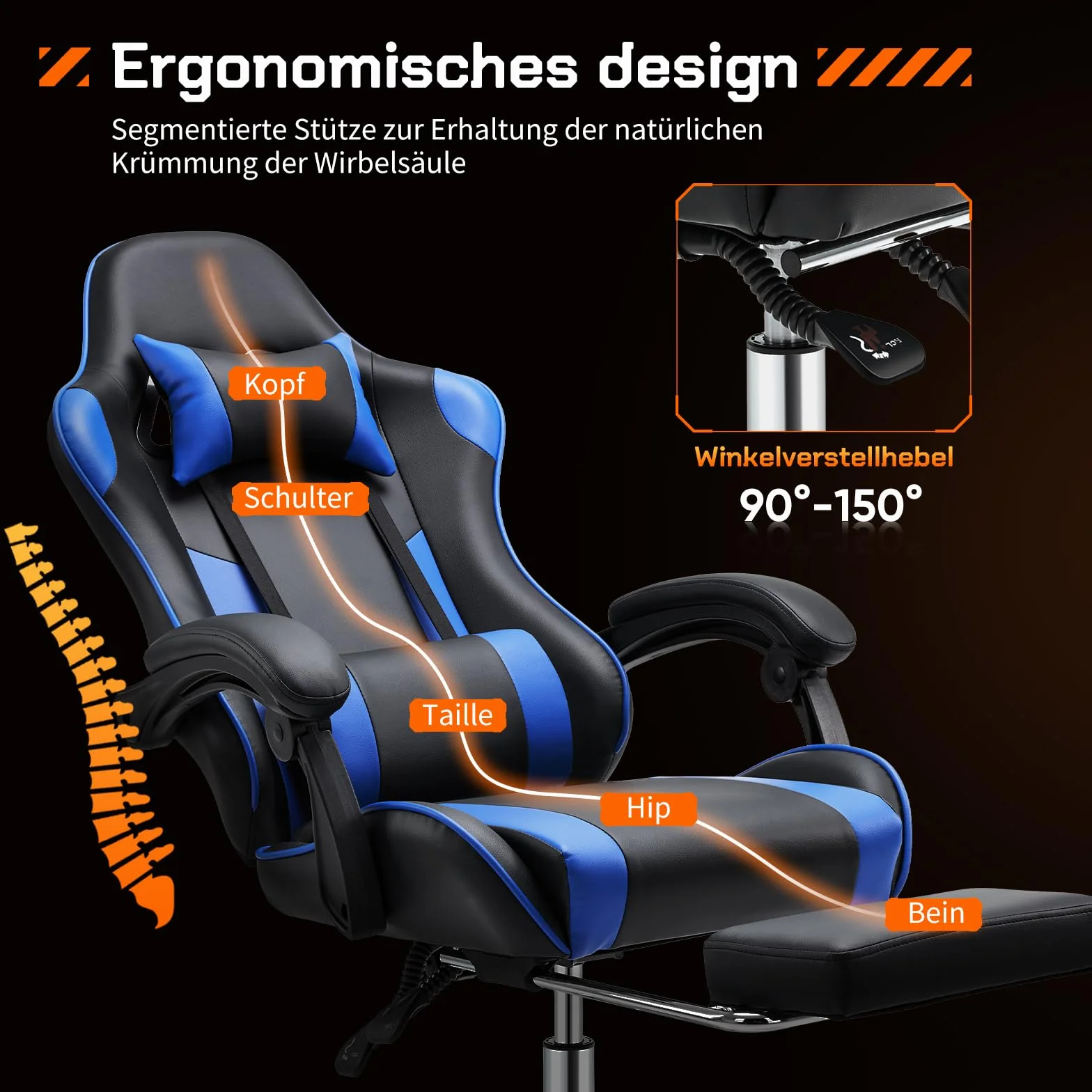 Sweetcrispy Fotel do gier ergonomiczny z podnóżkiem i podparciem lędźwiowym, PU, niebieski