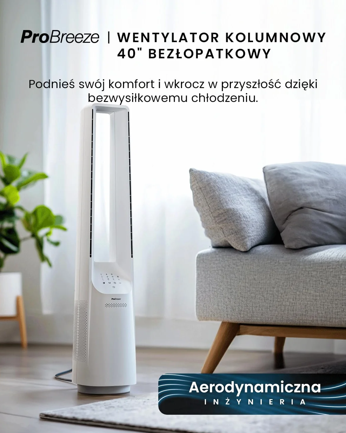 Pro Breeze OmniAir 105 cm bezłopatkowy wentylator kolumnowy z oczyszczaczem powietrza – super cichy, Wi-Fi, pilot, HEPA, LED, 10 prędkości, 5 trybów, oscylacja 60° – biały