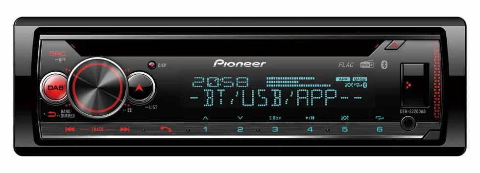 Pioneer DEH-S720DAB, radio samochodowe 1DIN, tuner CD z FM i DAB+, Bluetooth, wejście MP3, USB i AUX, oświetlenie RGB, system głośnomówiący, aplikacja Smart Sync, 13-pasmowy korektor