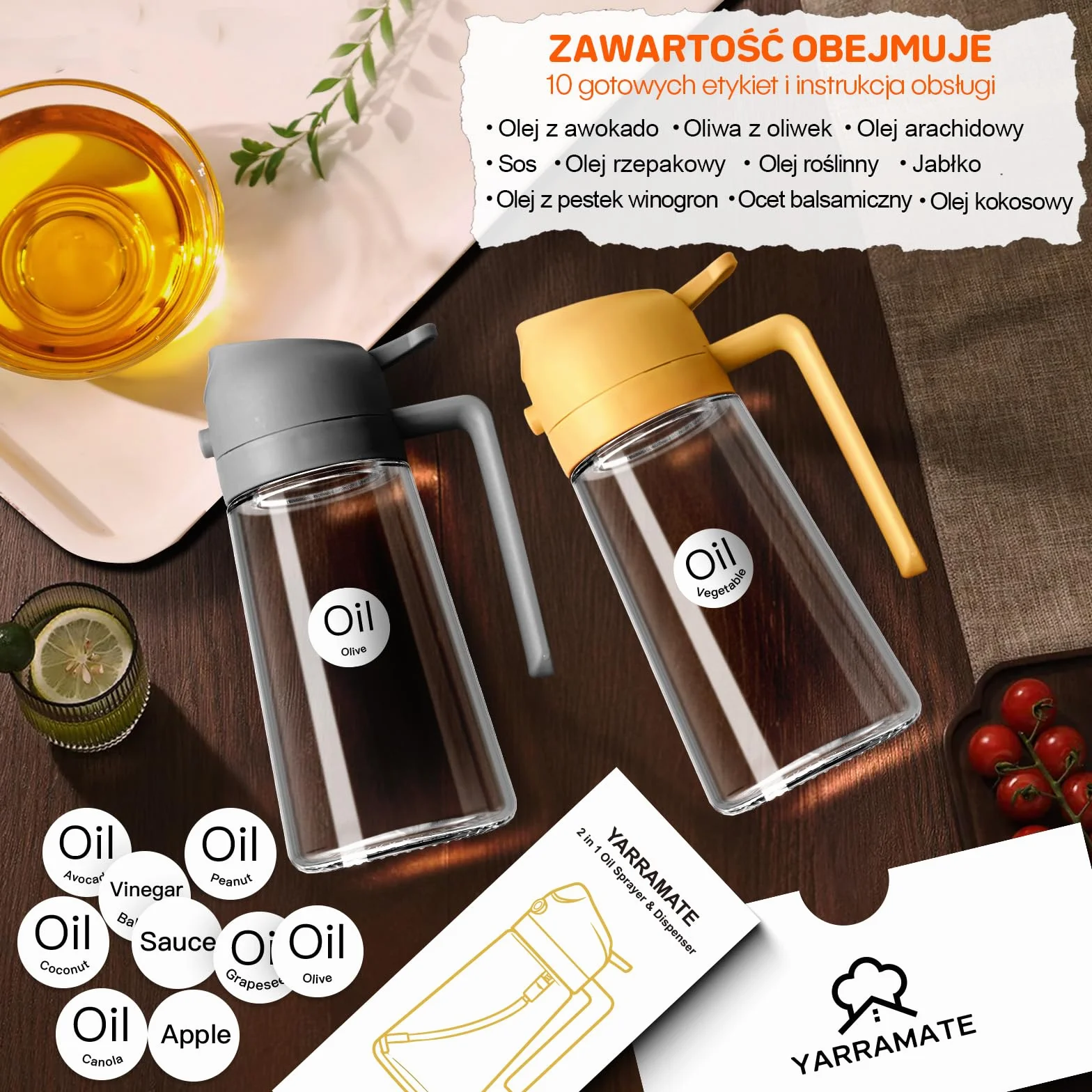 YARRAMATE 2 w 1 rozpylacz oleju jadalnego, butelka z rozpylaczem 470 ml, nadaje się do kontaktu z żywnością, spray na olej do gotowania, wysokiej jakości rozpylacz oleju do kuchni (05_szary)