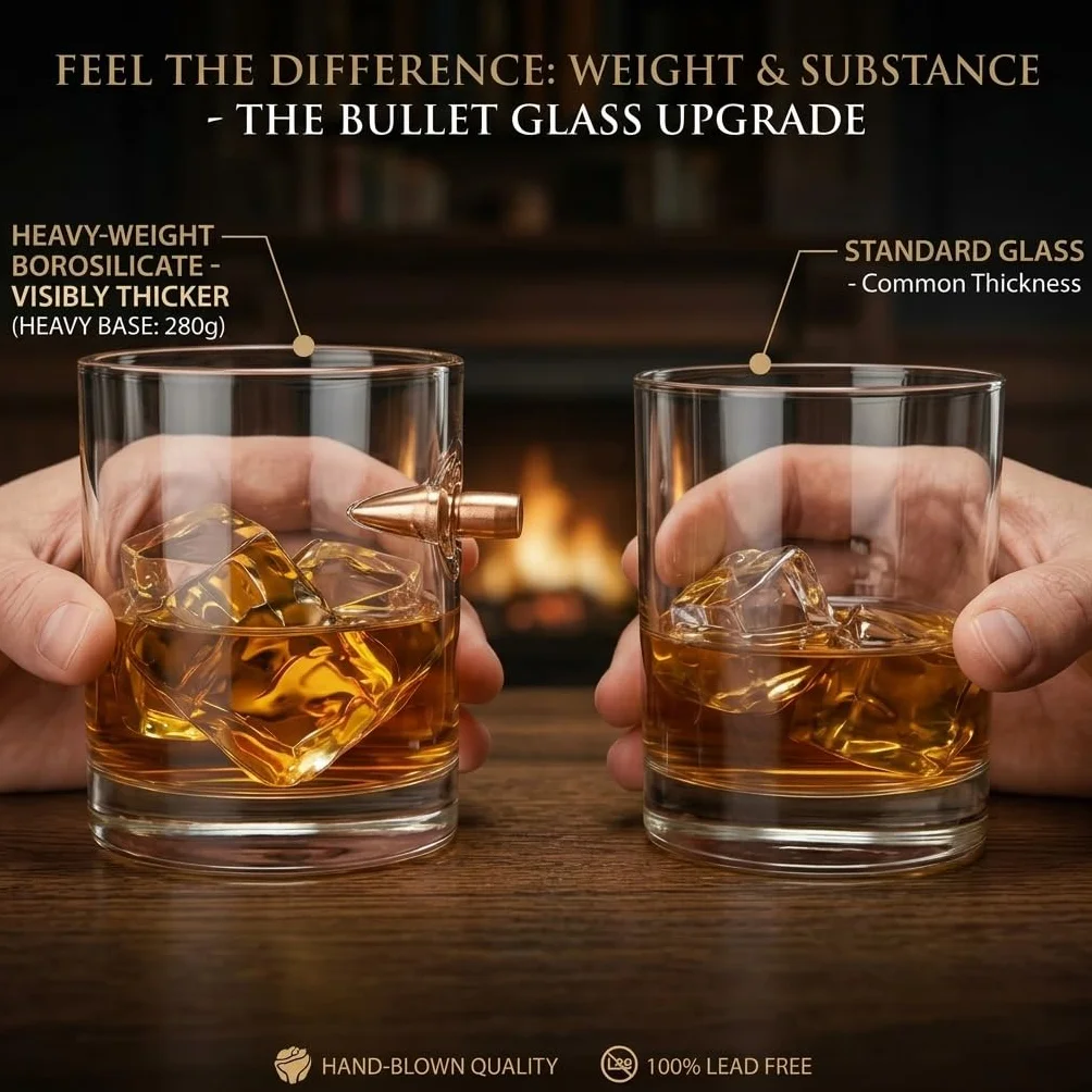 Szklanki do Whisky z Wkładką Pocisku,Ręcznie Robione Szklanki z Kryształu Bezołowiowego – Prezent dla Taty, Mężczyzny, Miłośnika Bourbona lub Scotch – Urodziny, Święta, Walentynki (A-2pc)