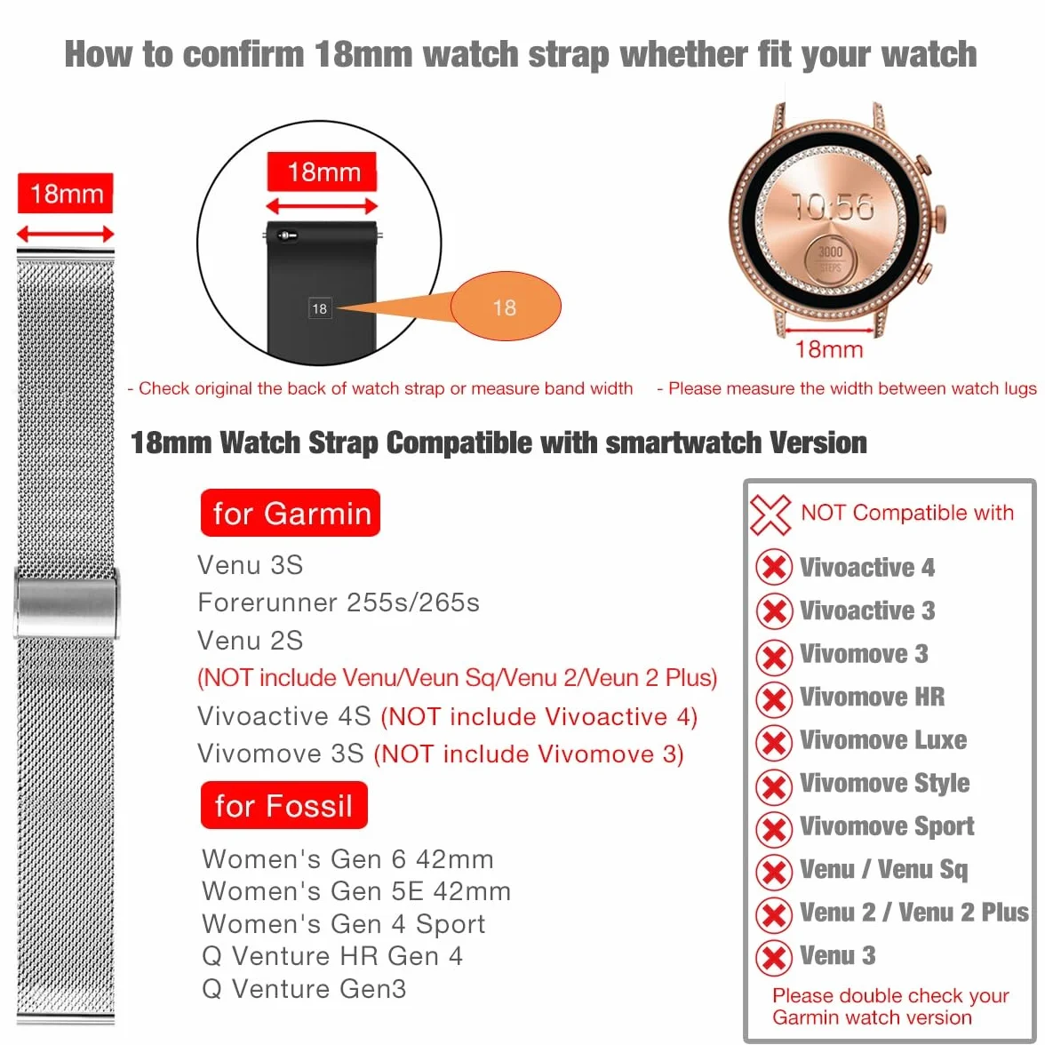YOOSIDE Bransoletka do zegarka Garmin Venu 3S / Vivoactive 4S / Vivomove 3S / Venu 2S, stal nierdzewna, oczko metalowe, 18 mm, zapasowy pasek do Forerunner 255S / 265S