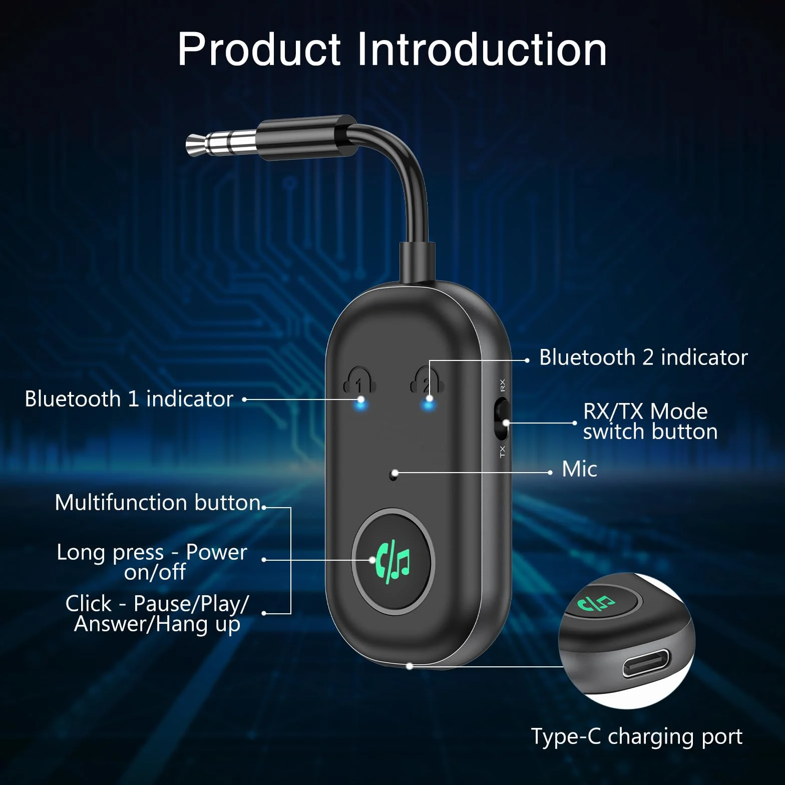 ORIA Odbiornik nadajnika Bluetooth 5.3, adapter Bluetooth z podwójnym parowaniem, redukcja szumów CVC, bezprzewodowy adapter audio Aux 3,5 mm do telewizora, głośników, samochodu