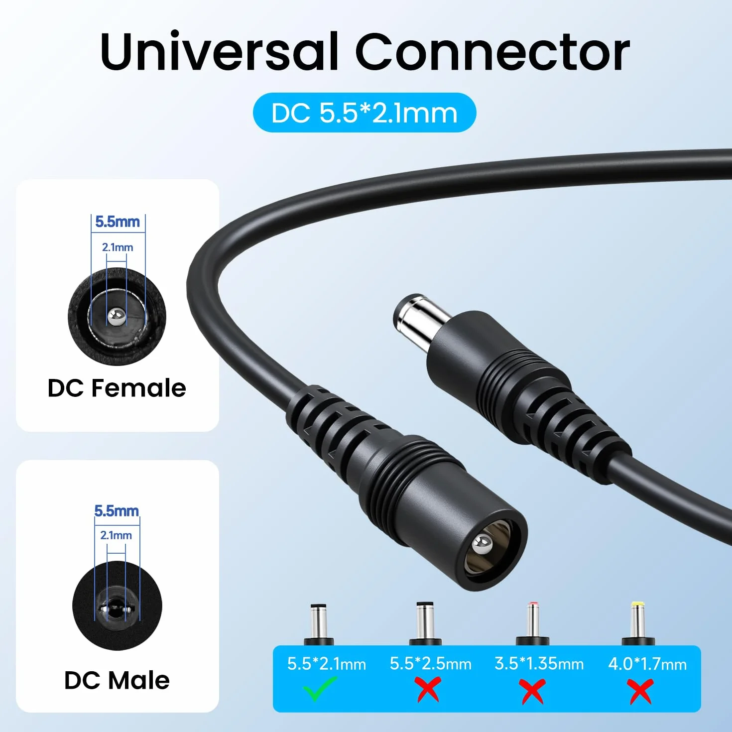 Przedłużacz prądowy, 10 m, 5,5 mm x 2,1 mm, kompatybilny z uniwersalnym kablem adaptera 12 V DC lub ładowarką ścienną do kamer monitorujących (IP), paskami LED i innymi (czarny)